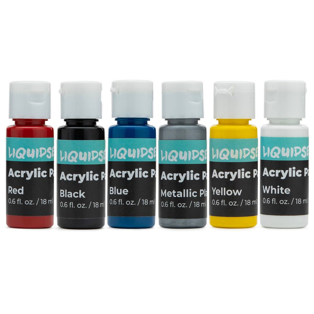 LIQUIPSE Acrylic Paint  
Red  
0.6 fl. oz. / 18 ml  

LIQUIPSE Acrylic Paint  
Black  
0.6 fl. oz. / 18 ml  

LIQUIPSE Acrylic Paint  
Blue  
0.6 fl. oz. / 18 ml  

LIQUIPSE Acrylic Paint  
Metallic Pl  
0.6 fl. oz. / 18 ml  

LIQUIPSE Acrylic Paint  
Yellow  
0.6 fl. oz. / 18 ml  

LIQUIPSE Acrylic Paint  
White  
0.6 fl. oz. / 18 ml