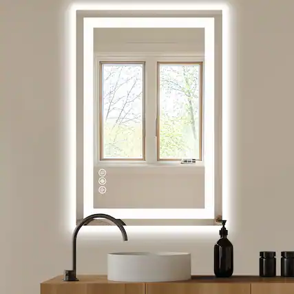 Front. AENKYO - 24"x36" LED Bathroom Mirror with Anti-fog Dual Light Dimmable Wall Mirror - White.