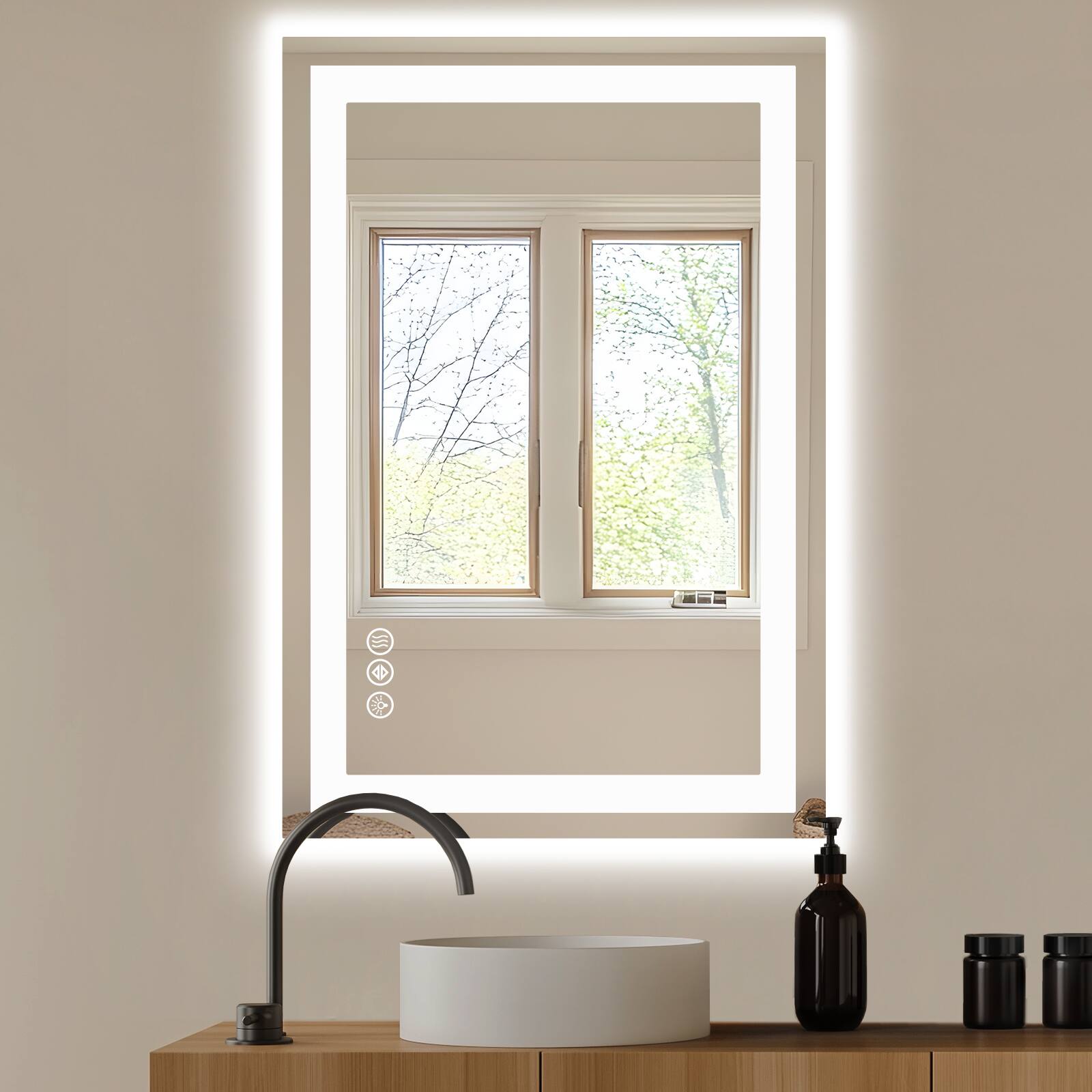 Front. AENKYO - 24"x36" LED Bathroom Mirror with Anti-fog Dual Light Dimmable Wall Mirror - White.
