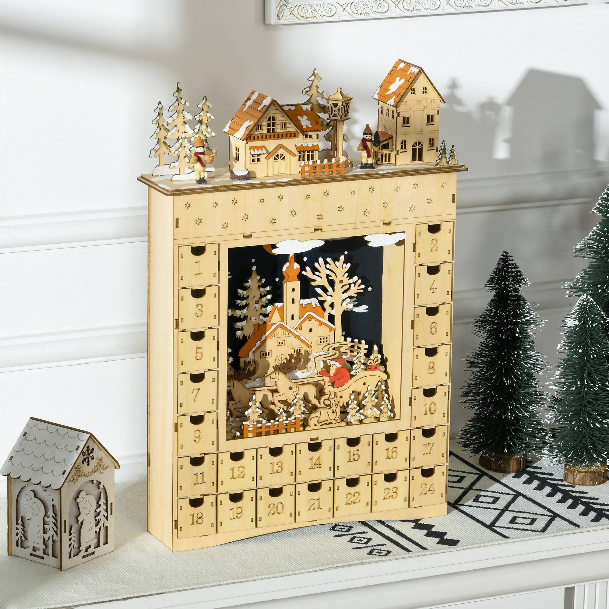 Alt View 7. Homcom - Christmas Advent Calendar, Light Up Wooden Holiday Decor w/ 24 Countdown Drawers & LEDs - Natural Wood.