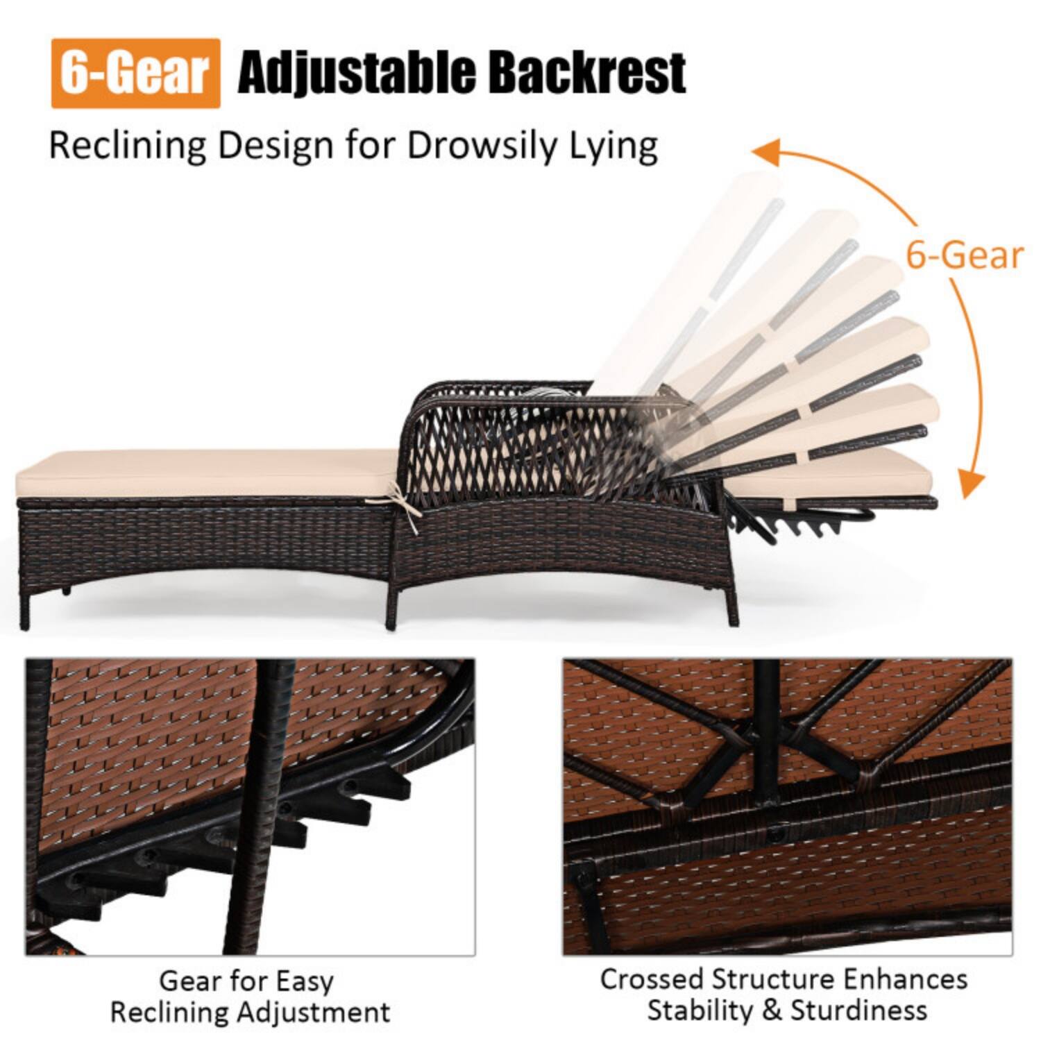 6-Gear Adjustable Backrest  
Reclining Design for Drowsily Lying  

6-Gear Gear for Easy Reclining Adjustment  

Crossed Structure Enhances Stability & Sturdiness