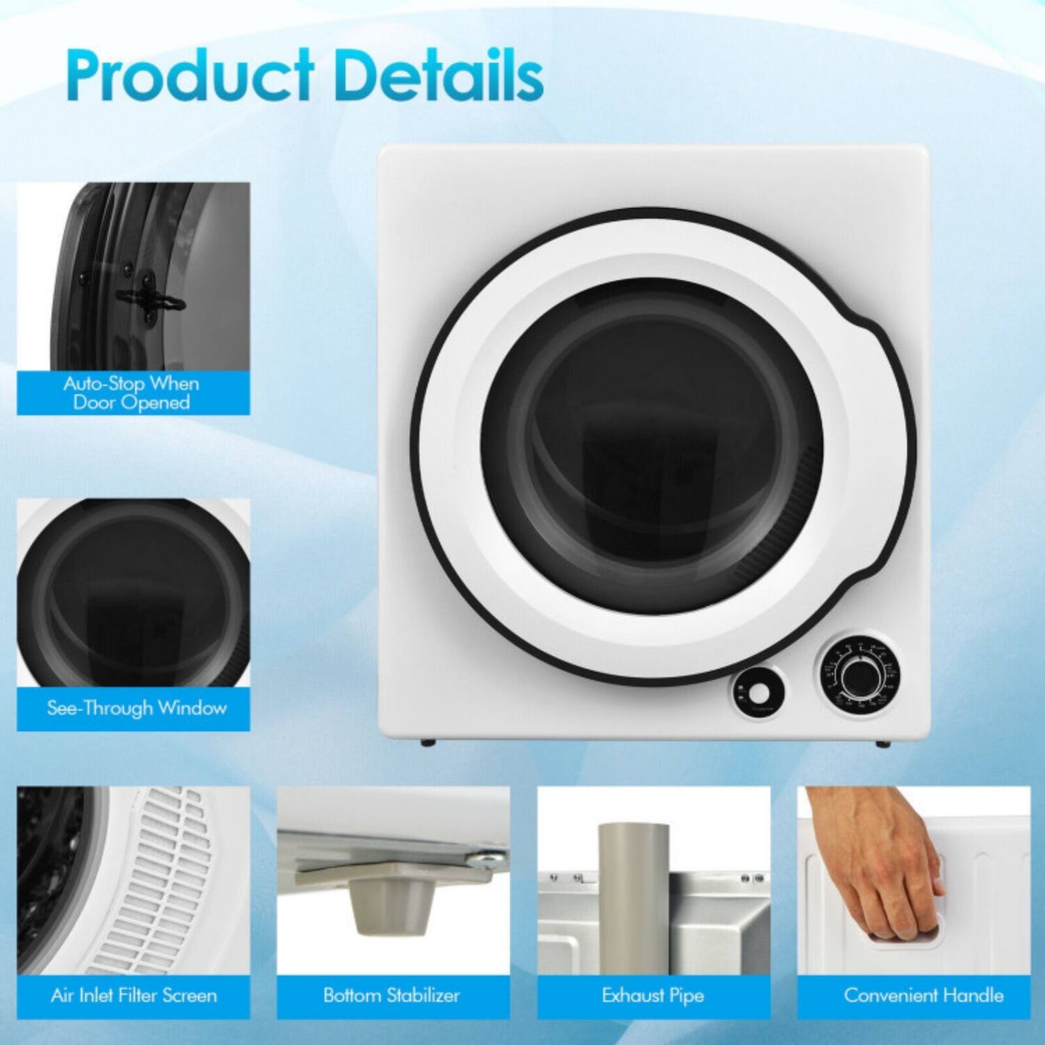 Product Details

- Auto-Stop When Door Opened
- See-Through Window
- Air Inlet Filter Screen
- Bottom Stabilizer
- Exhaust Pipe
- Convenient Handle