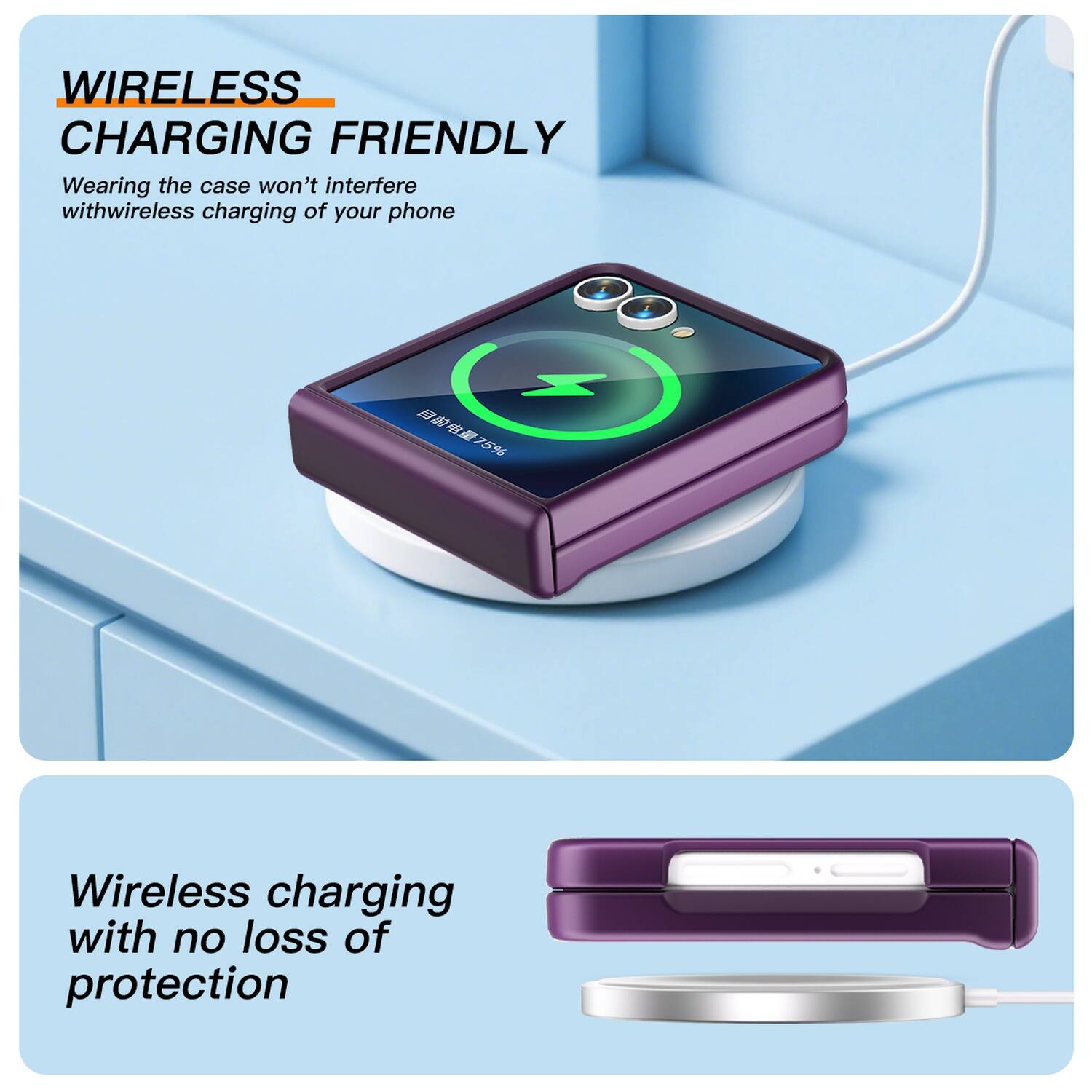 WIRELESS CHARGING FRIENDLY  
Wearing the case won't interfere with wireless charging of your phone  

Wireless charging with no loss of protection