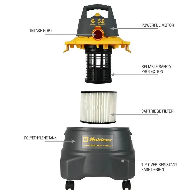 - INTAKE PORT
- 6 Galon
- 5.0 Peak HP
- POWERFUL MOTOR
- RELIABLE SAFETY PROTECTION
- CARTRIDGE FILTER
- POLYETHYLENE TANK
- TIP-OVER RESISTANT BASE DESIGN
- Koblenz CONTRACTOR SERIES