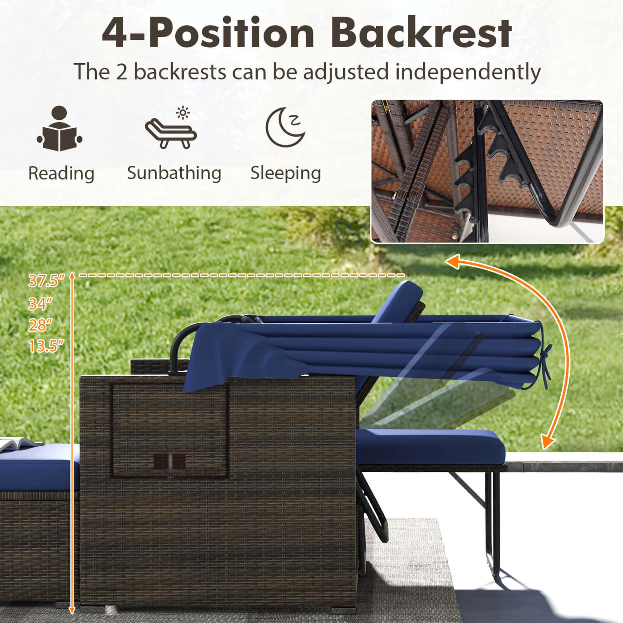 4-Position Backrest  
The 2 backrests can be adjusted independently  

Reading  
Sunbathing  
Sleeping  

37.5"  
34"  
28"  
13.5"