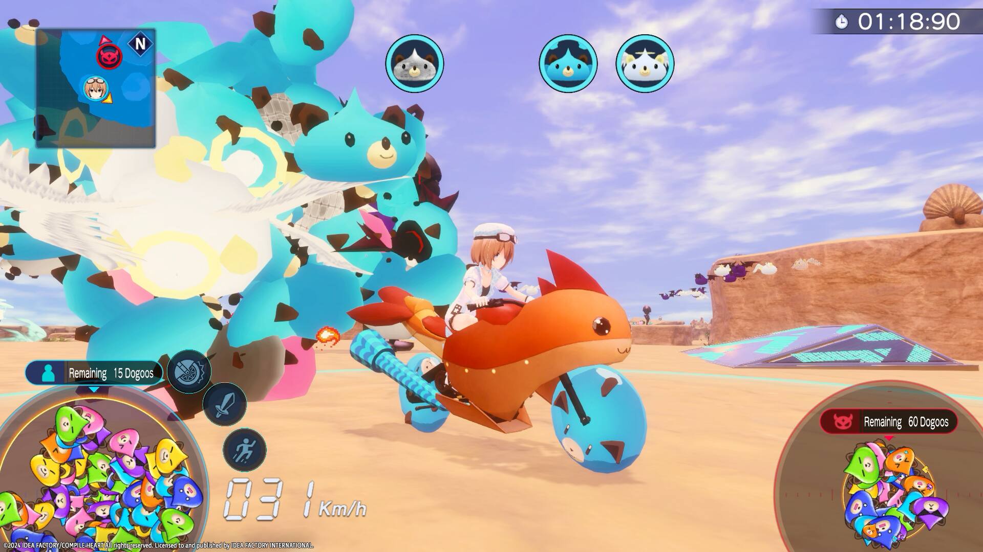 N 01:18:90 Remaining 15 Dogoos Remaining 60 Dogoos 03 1 Km/h Km/h C2024 IDEA FACTORY COMPILE HEART NILEN TERNATIONAL
