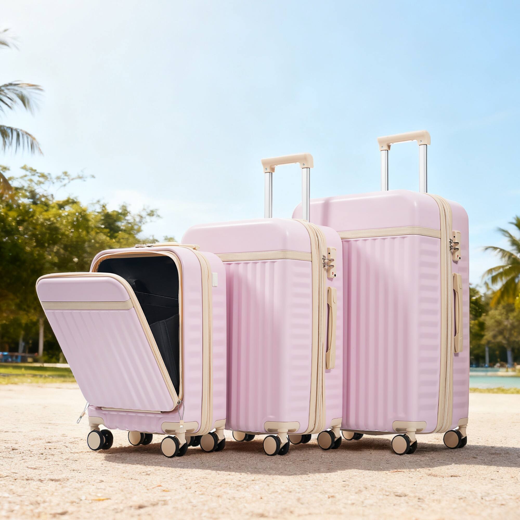 Alt View 7. Ecooso - 3-Piece ABS Hard Shell Luggage Set with USB Port, Front-Open 20" Carry-On, Spinner Wheels, TSA Lock - Pink.
