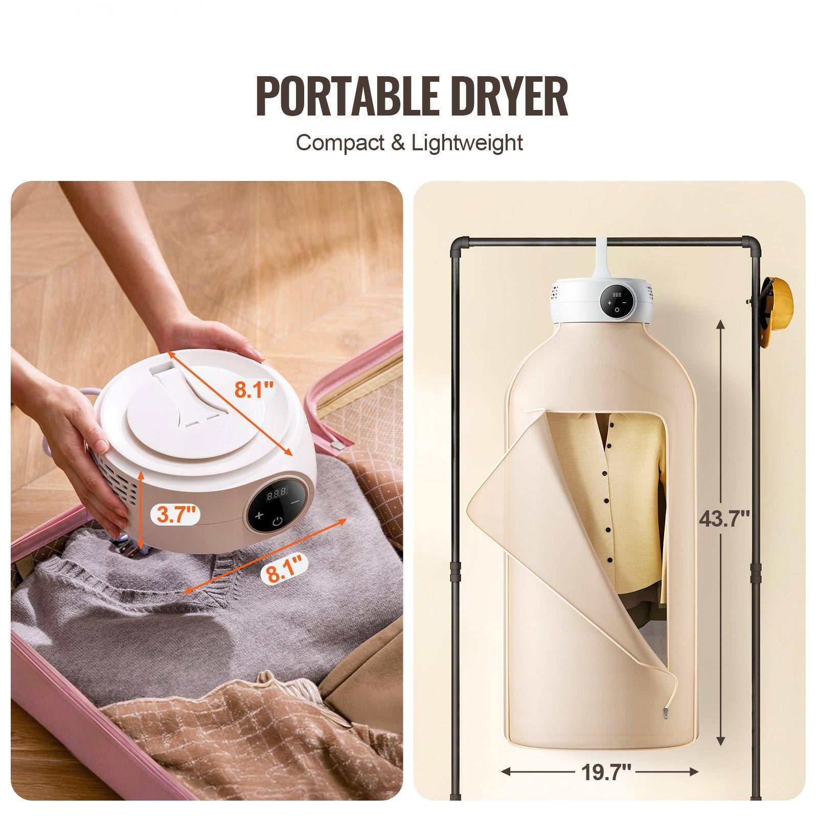 PORTABLE DRYER  
Compact & Lightweight  

8.1"  
3.7"  
8.1"  
43.7"  
19.7"