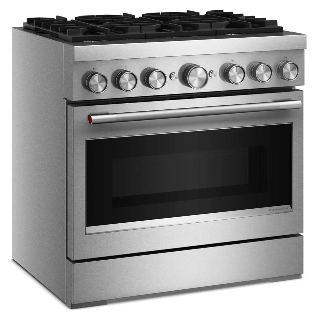 Angle. KitchenAid - 36 inch Wide 6 burner Commercial-Style 5.1 cu. ft. Freestanding Dual Fuel Range with No Preheat Air Fry Mode - Stainless Steel.