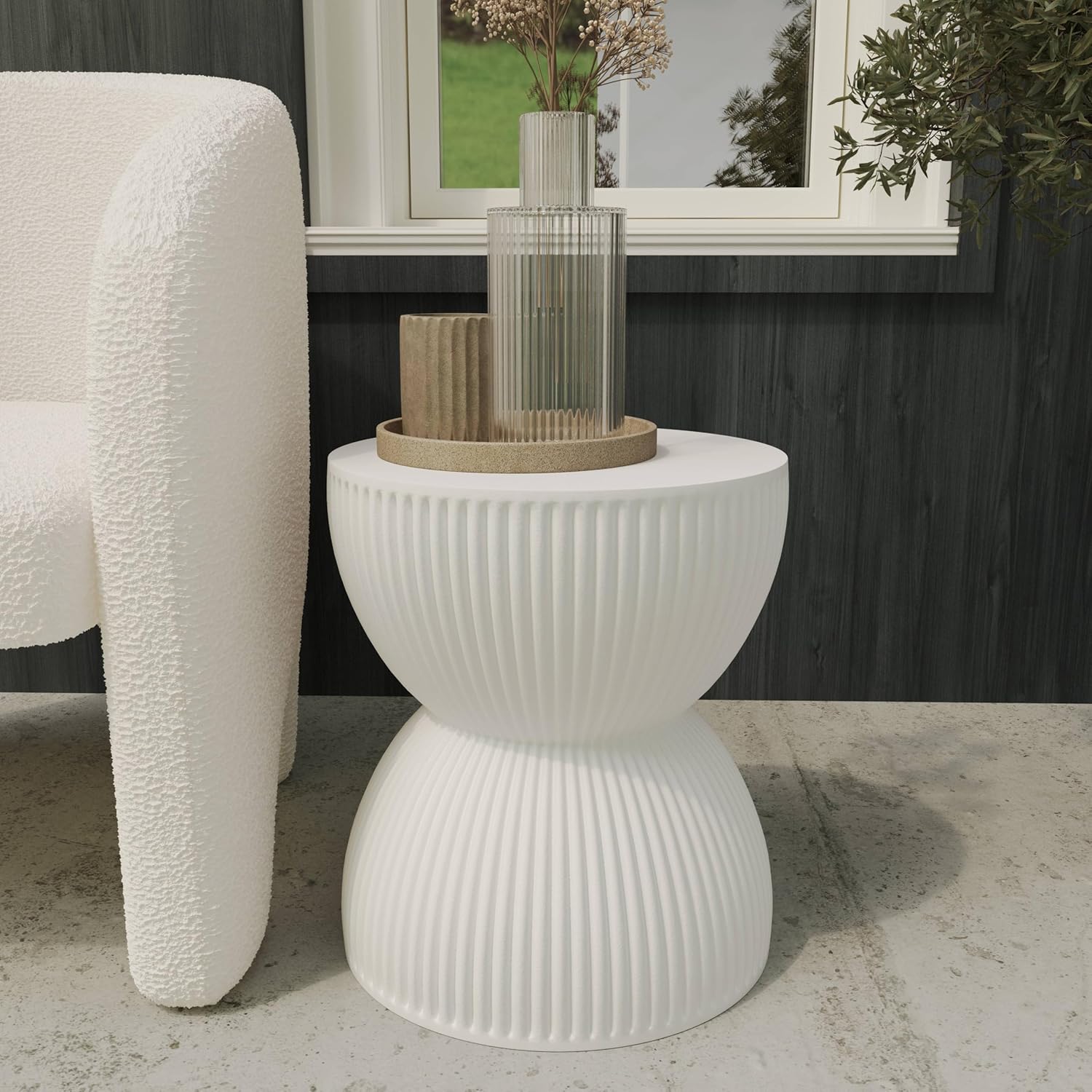 Left. LeisureMod - Spire Modern Ribbed Hourglass Accent Table, Fiberstone Indoor/Outdoor End Table & Plant Stand, Fully Assembled - White.