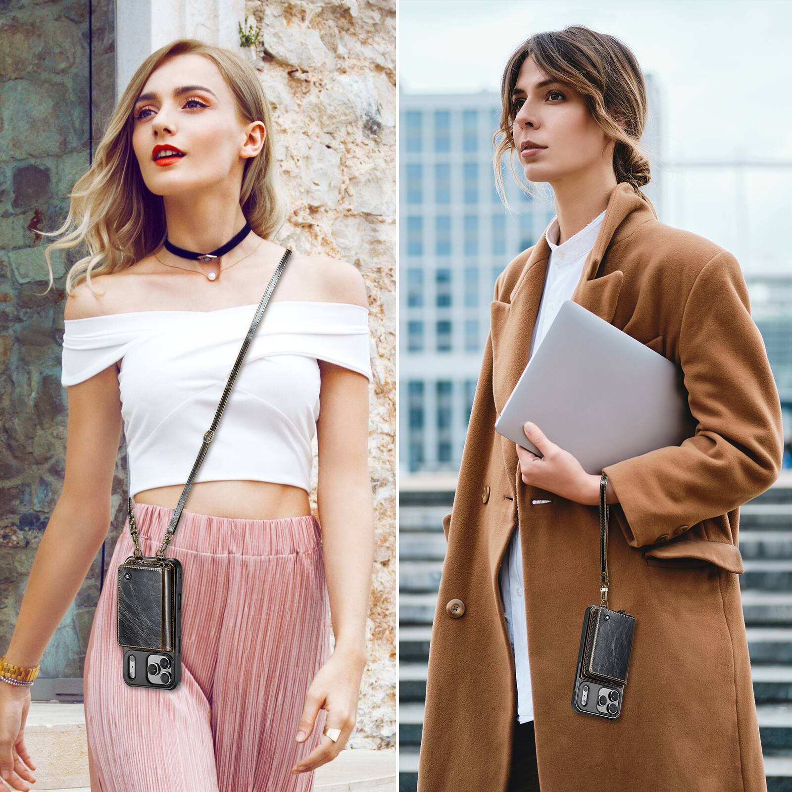 Alt View 2. Dteck - Dteck Crossbody Zipper Wallet Case for iPhone 17 Pro Max, RFID Blocking PU Leather Card Slots Wrist Strap Lanyard Cover - Coffee.