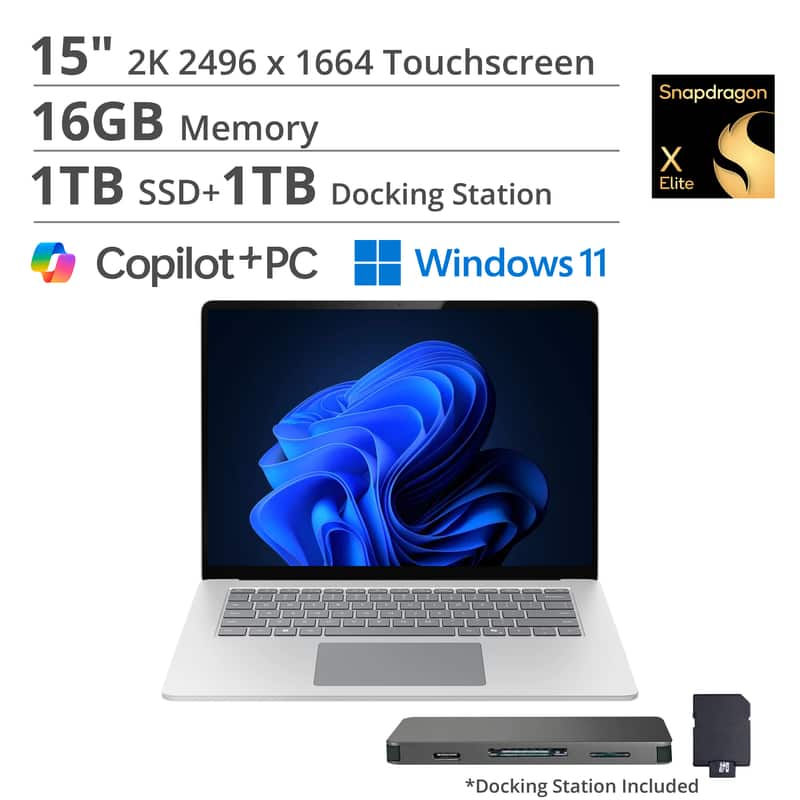 Microsoft - Surface Laptop - 15" 2K Touchscreen - Snapdragon X Elite 2024- 16GB Memory - 1TB Storage (7th Ed) - Copilot+ PC - Platinum