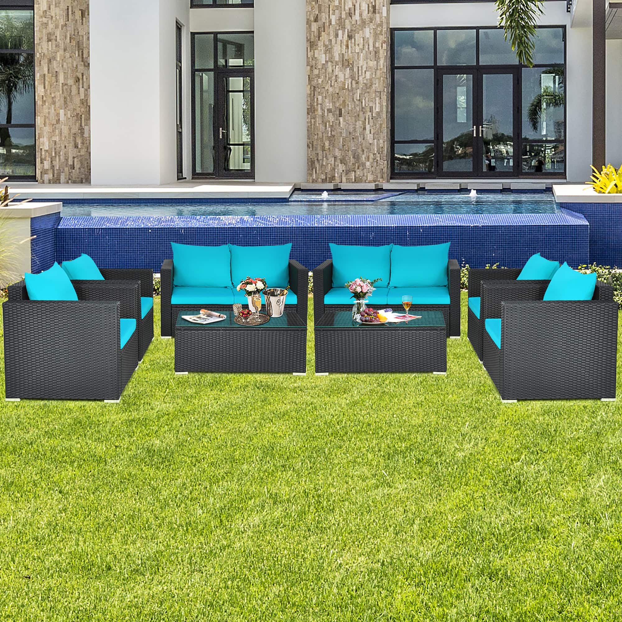 Costway - 8PCS Patio Rattan Cushioned Sofa Chair Coffee Table - Green