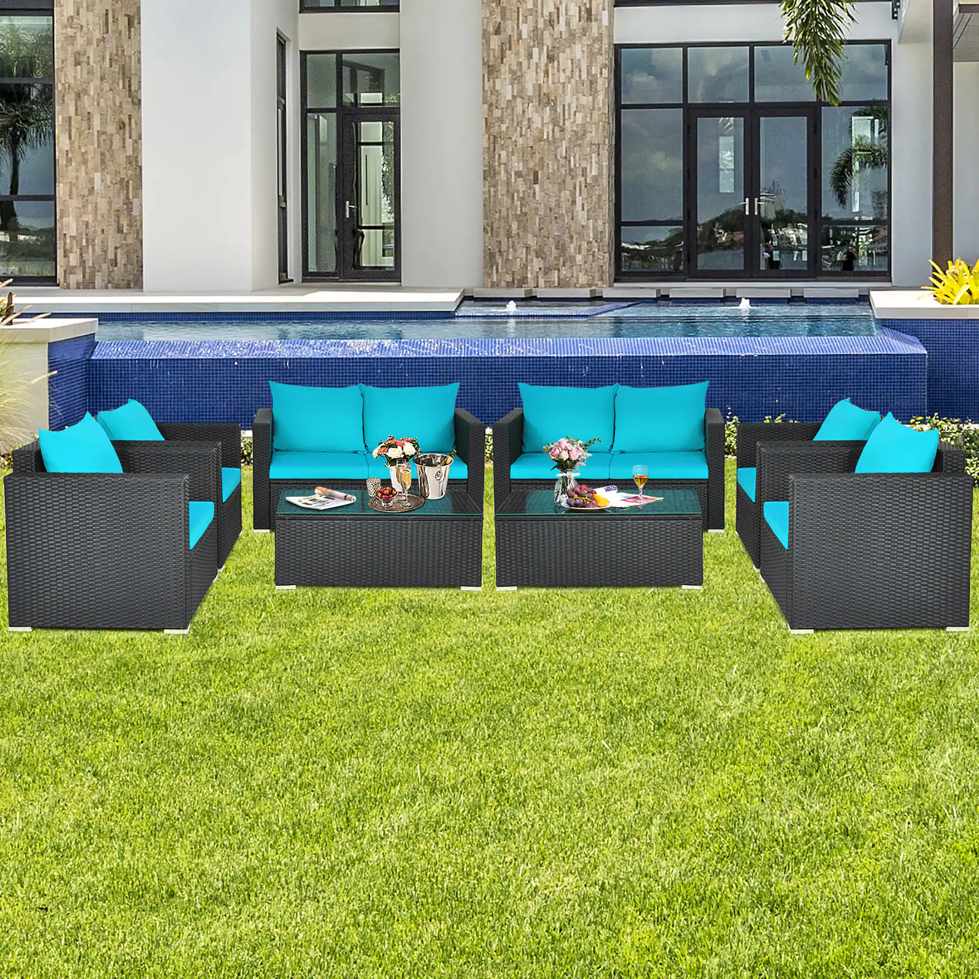 Alt View 1. Costway - Costway 8PCS Patio Rattan  Cushioned Sofa Chair Coffee Table - Turquoise.