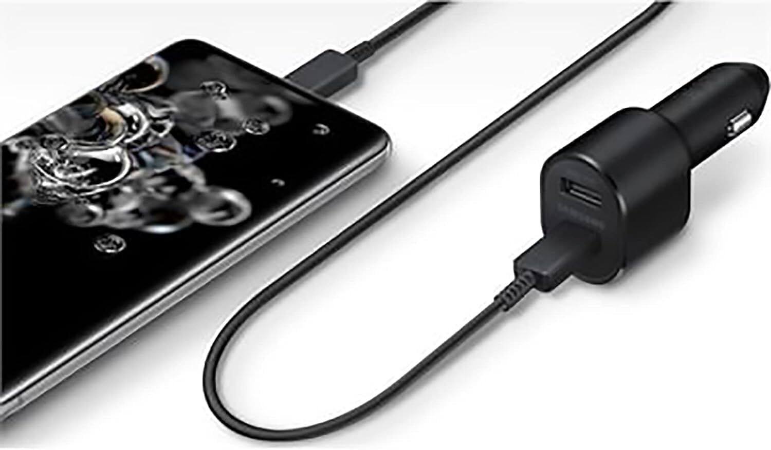 Left. Samsung - Samsung 45W Dual car Charger 1 USB-A port, 1 USB-C Port - Retail Box - Black.