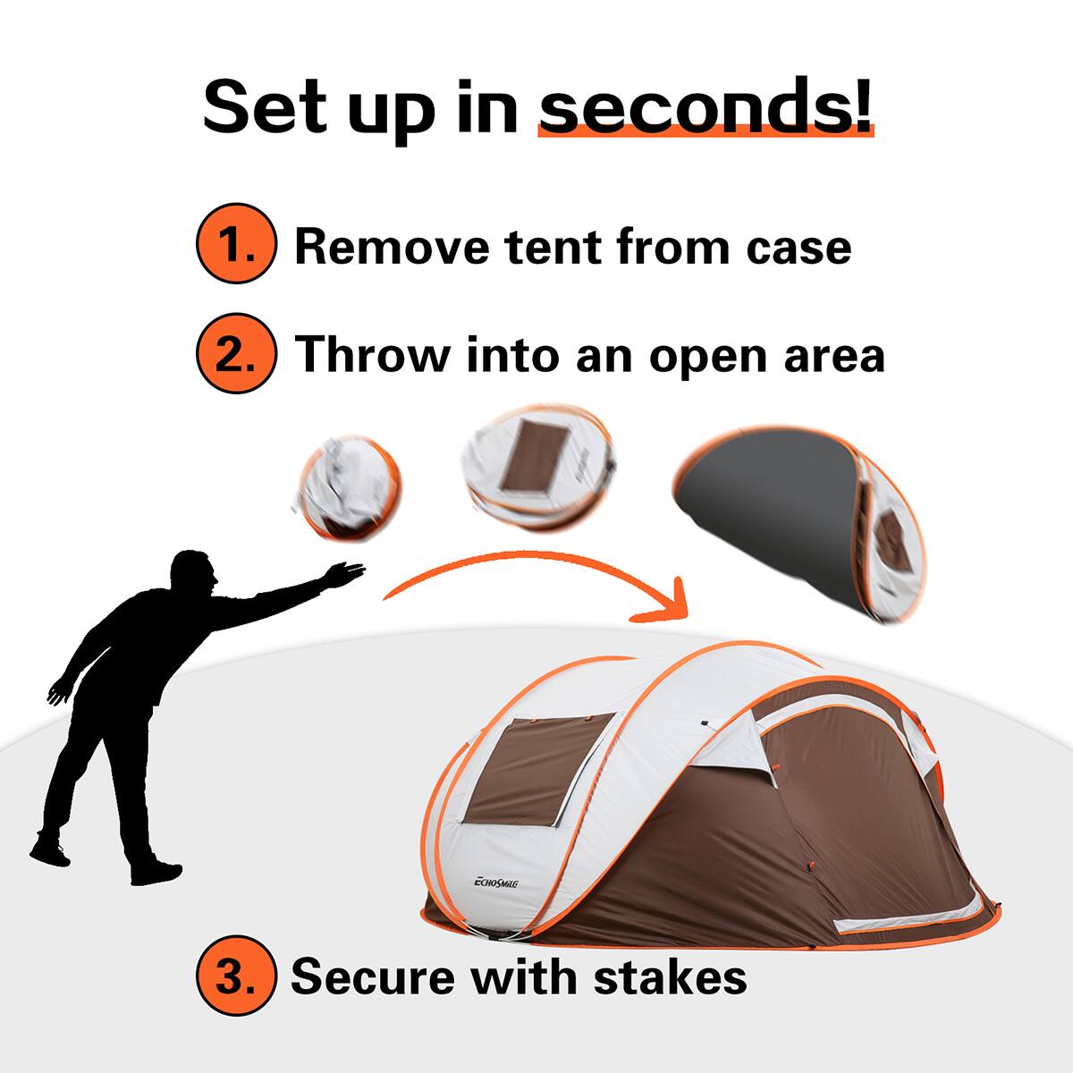 Set up in seconds!

1. Remove tent from case
2. Throw into an open area
3. Secure with stakes