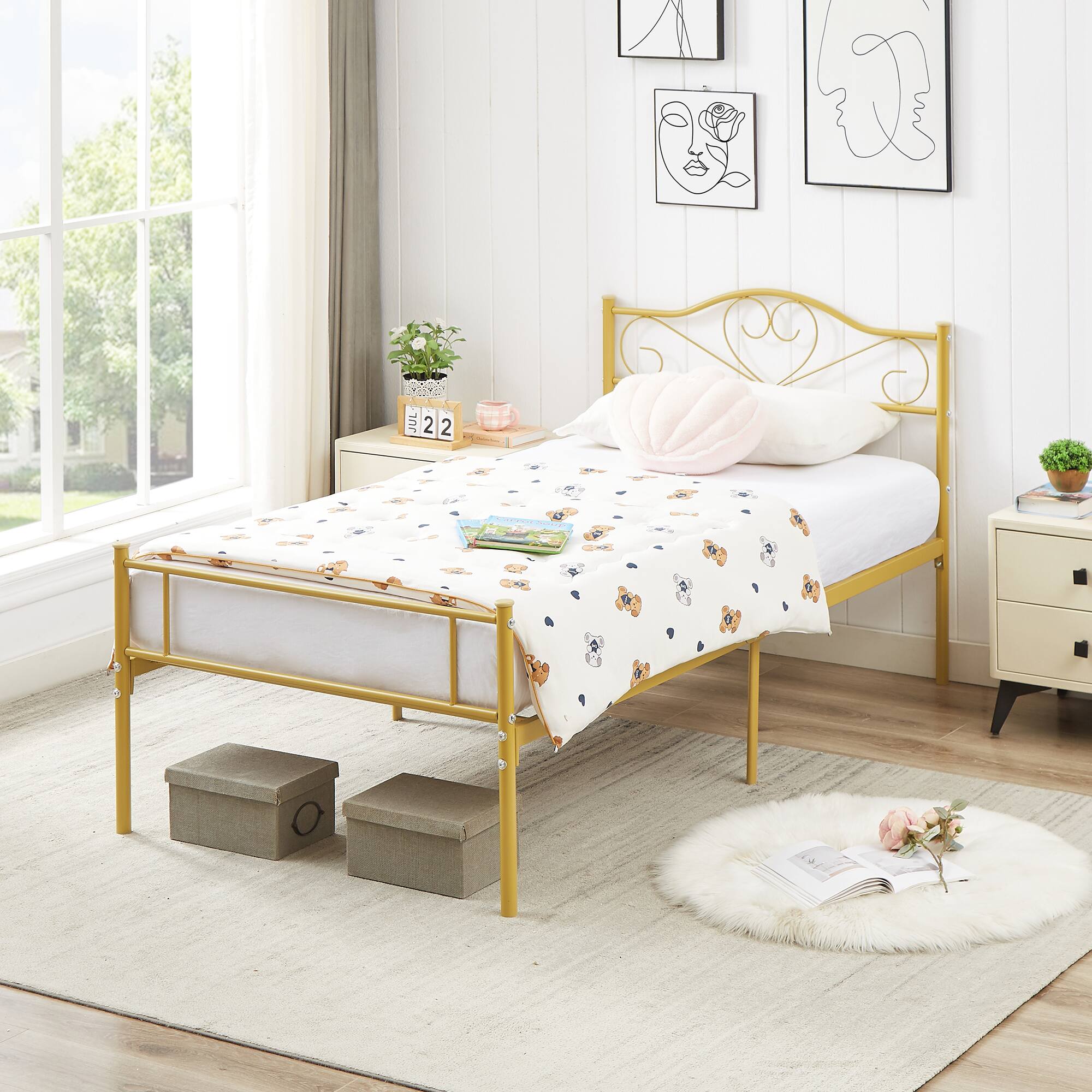 Alt View 1. Vecelo - 14" Twin Metal Bed Frame with Headboard&Footboard, Heavy Duty Steel Slats, No Box Spring, Gold-Easy Assembly - Gold.