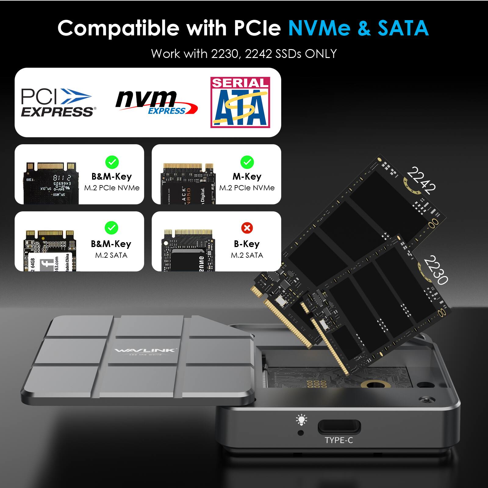 Compatible with PCIe NVMe & SATA  
Work with 2230, 2242 SSDs ONLY  

PCI EXPRESS  
nvm EXPRESS  
SERIAL ATA  

B&M-Key M.2 PCIe NVMe  
M-Key M.2 PCIe NVMe  
B&M-Key M.2 SATA  
B-Key M.2 SATA  

WAYLINK  
TYPE-C