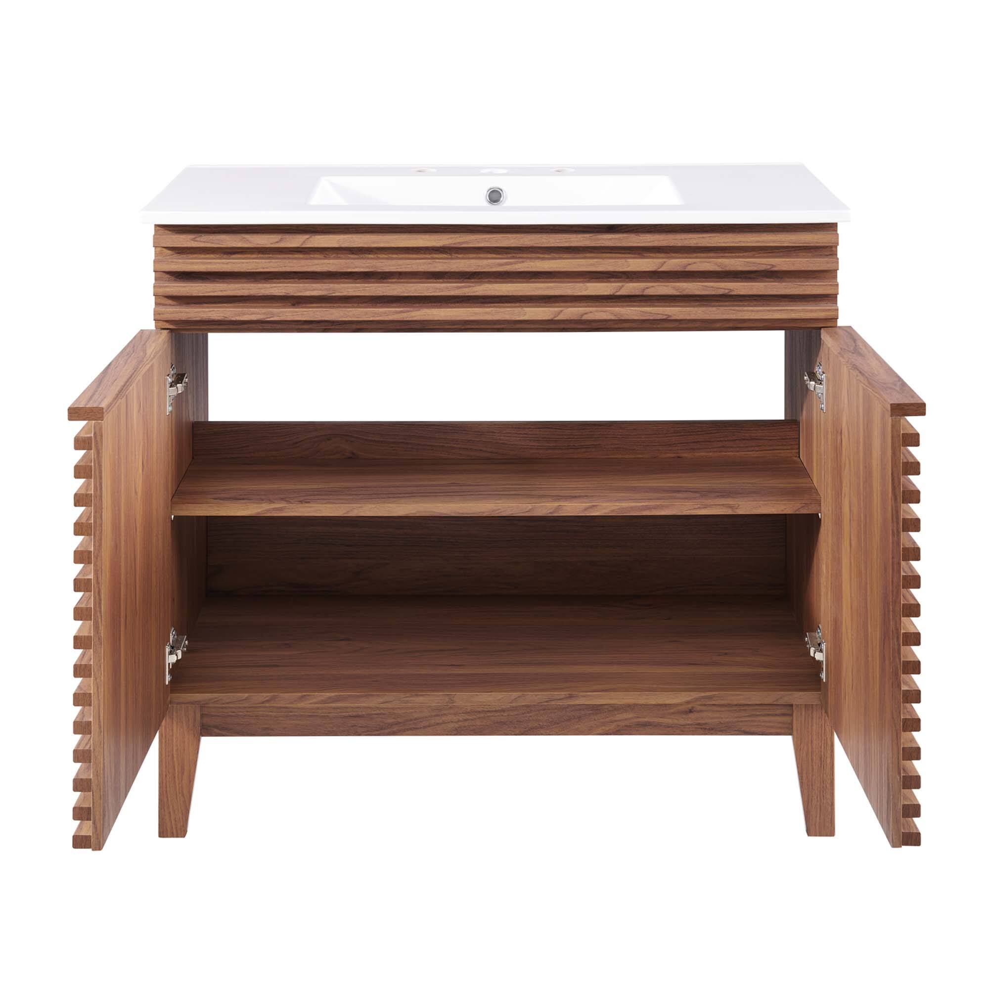 Alt View 4. Modway - Render 30" and 36" Bathroom Vanities with White Basin Included - Walnut White.