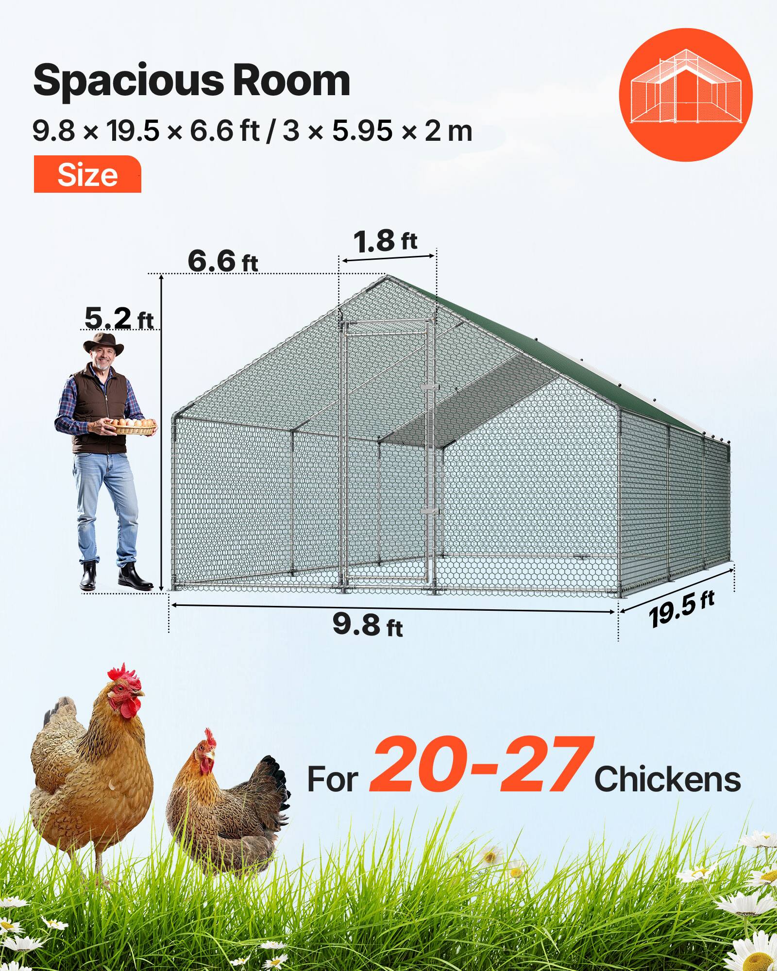 Spacious Room 9.8 X 19.5 X 6.6ft/3 ft/3x5.95x2 X 2 m Size

6.6ft
1.8ft
5.2ft
9.8ft
19.5ft

For 20-27 Chickens