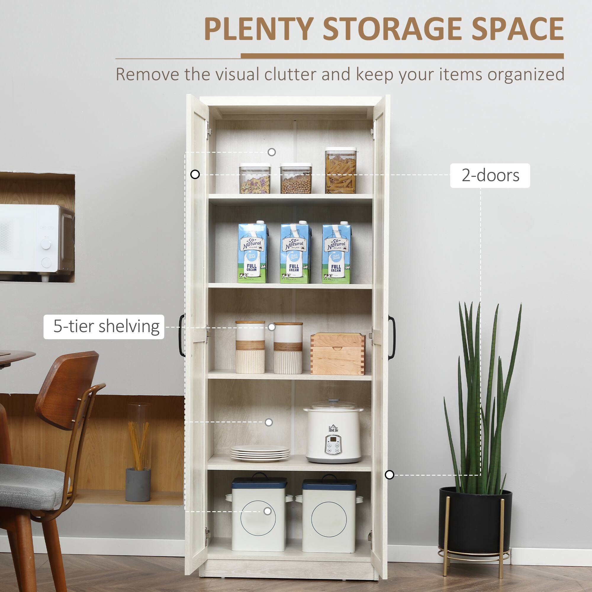 PLENTY STORAGE SPACE Remove the visual clutter and keep your items organized 2-doors 5-tier shelving
