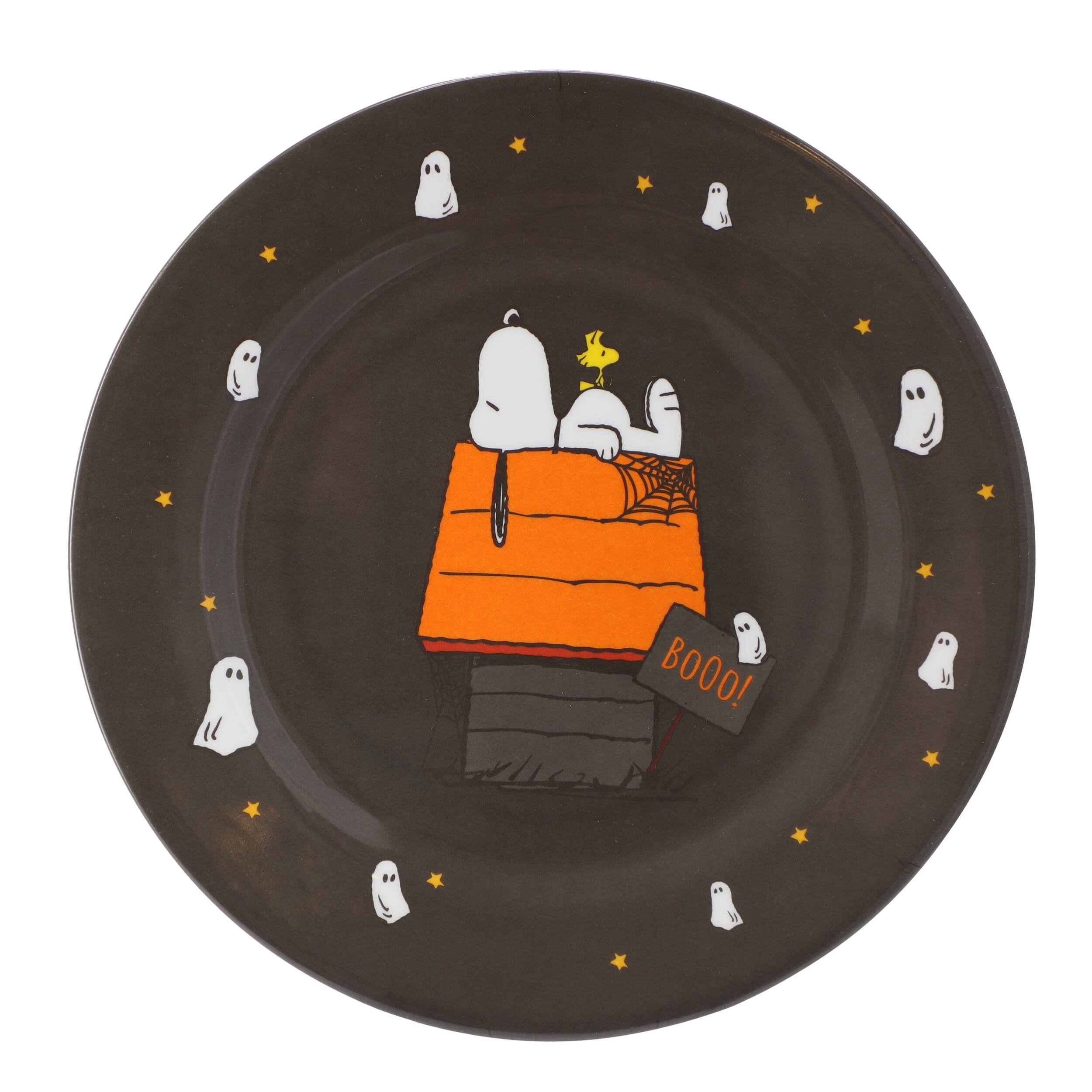 Alt View 1. Mr. Coffee - Peanuts Snoopy Pumpkin 12 Piece Melamine 10.5 Inch Dinner Plate Set in Black - Black.