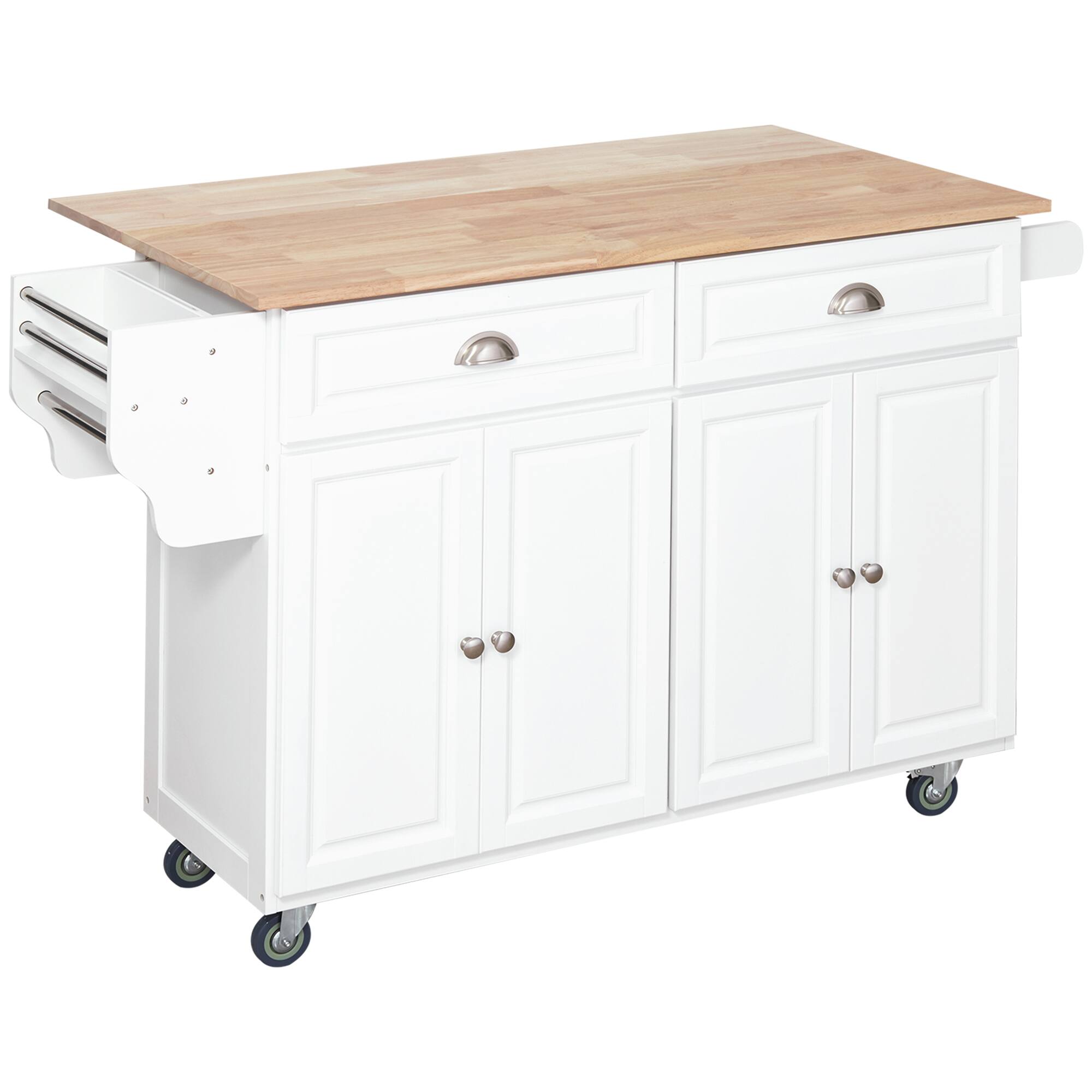 Front. Homcom - Rolling Kitchen Island Cart with Drop Leaf, Kitchen Cart on Wheels with Rubber Wood Top, 2 Drawers - White.