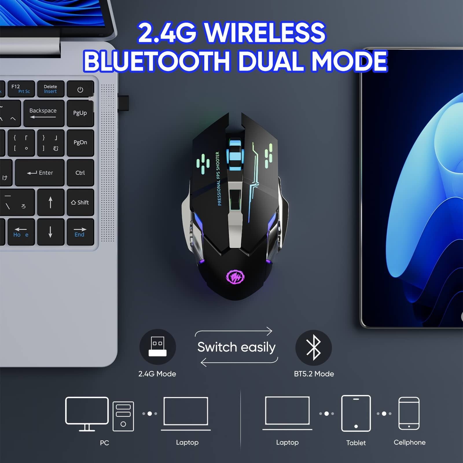 2.4G WIRELESS BLUETOOTH DUAL MODE

F12 Prt Sc Delete Insert Backspace PgUp PgDn Enter Ctrl Shift

Switch easily

2.4G Mode
BTS5.2 Mode

PC Laptop Tablet Cellphone