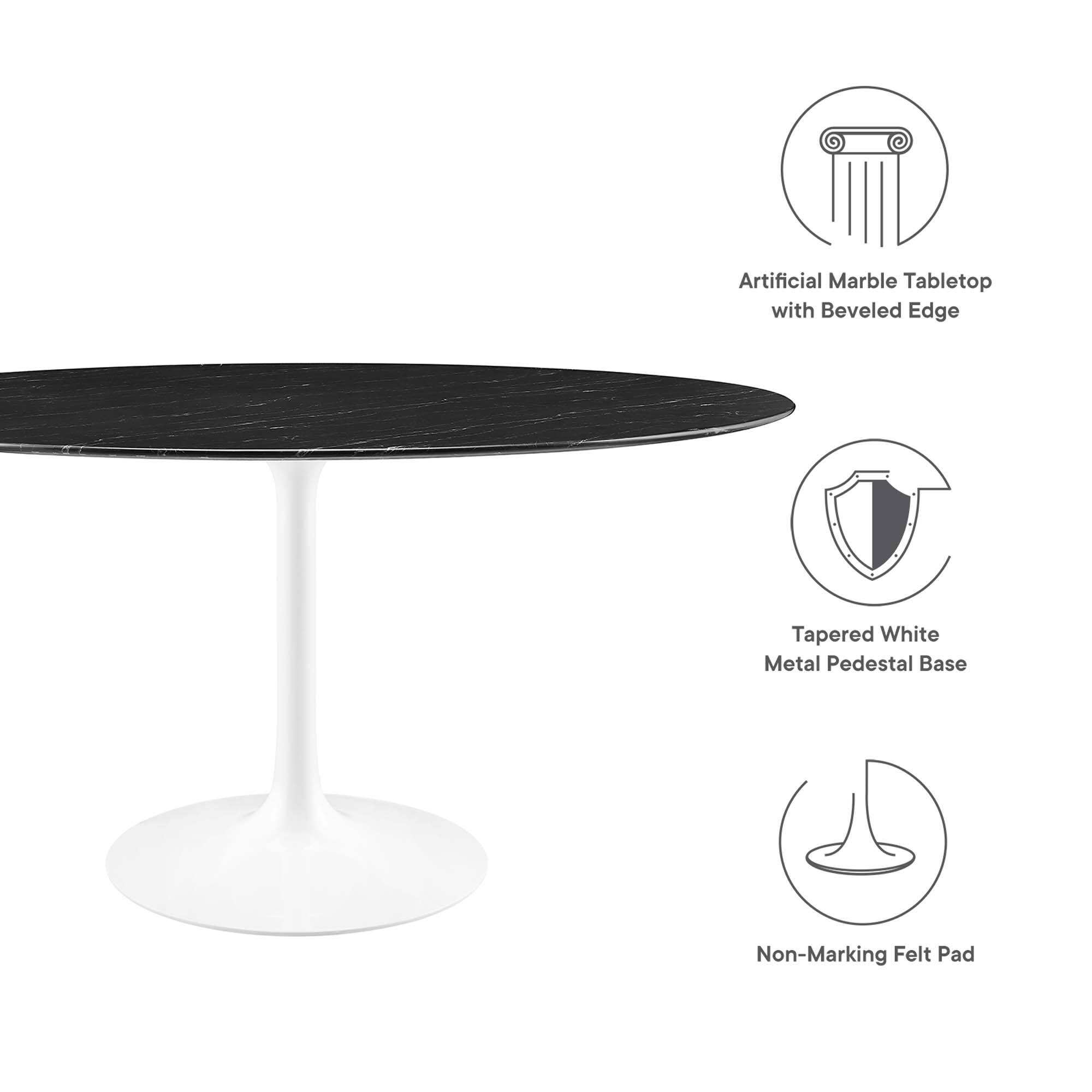 Artificial Marble Tabletop with Beveled Edge  
Tapered White Metal Pedestal Base  
Non-Marking Felt Pad