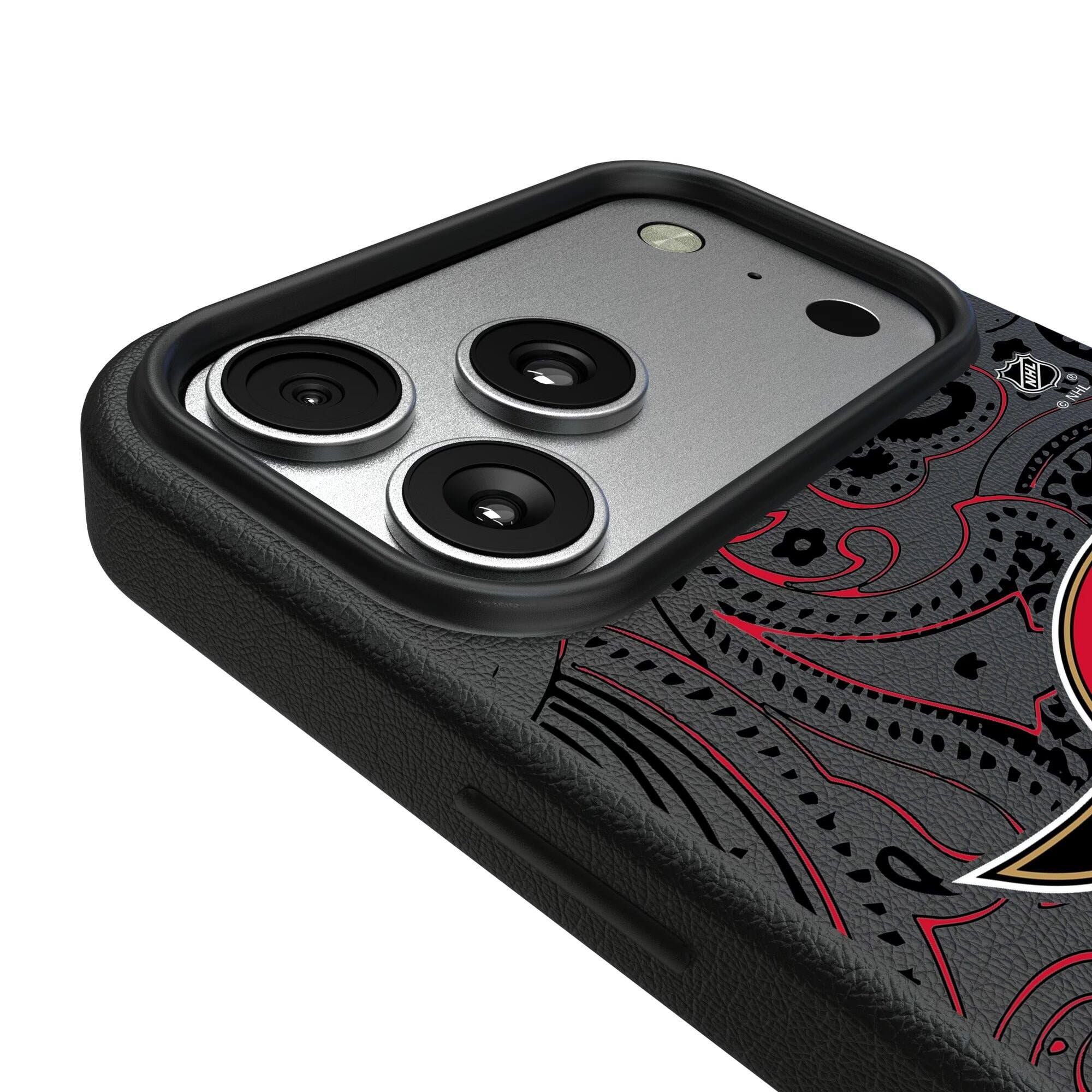 Alt View 2. Keyscaper - Black Ottawa Senators Paisley iPhone Magnetic Bump Case - 15 Pro - Black.