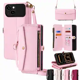 Topteng - 6-in-1 Wallet Case for iPhone 13/13 Pro/13 Pro Max with Wrist & Crossbody Straps, Zipper Pocket, Card Holders - iPhone 13 Pink