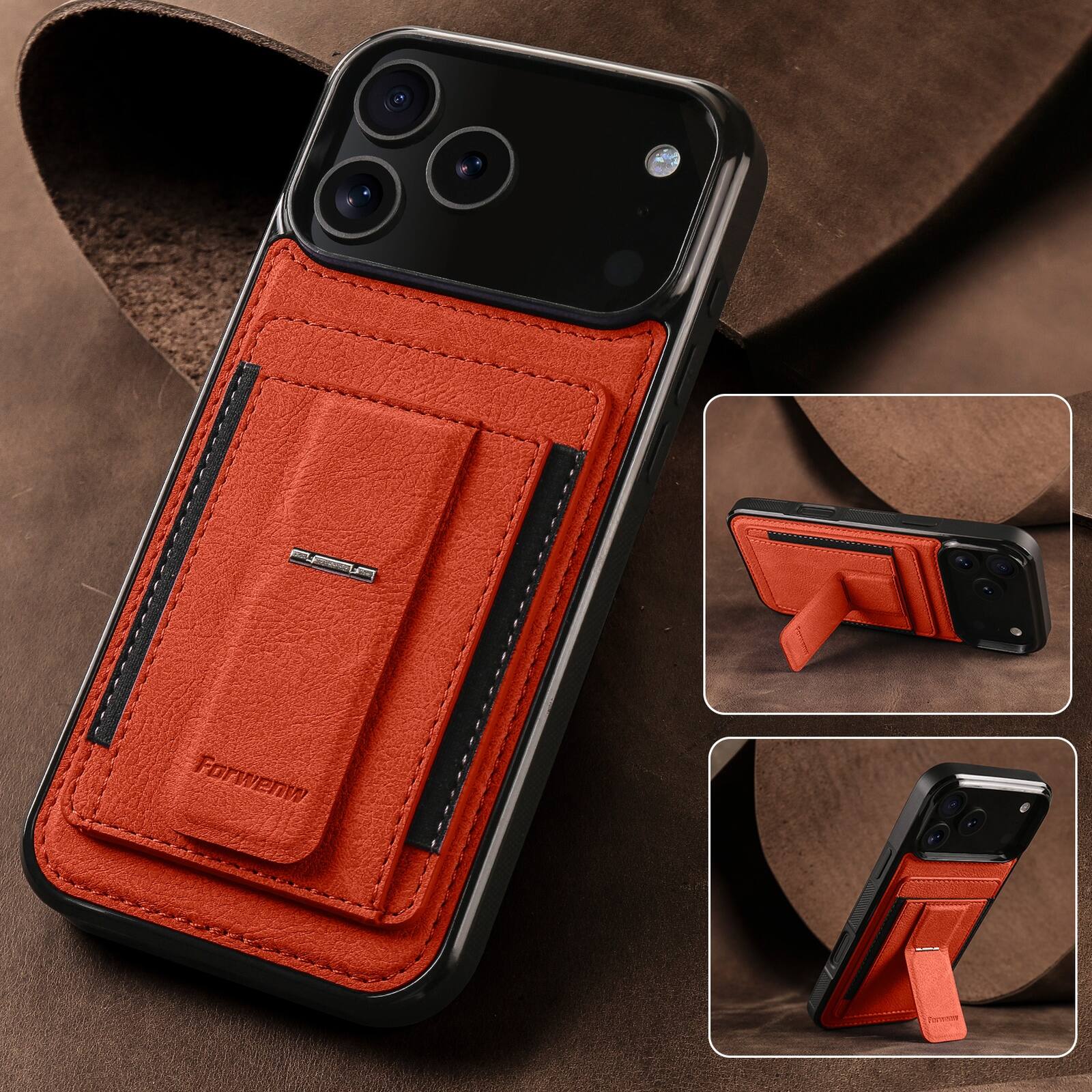 Alt View 1. Dteck - Slim Card Holder Case for Apple iPhone 17 Pro Max, Shockproof Wallet Protective Cover with Kickstand - Orange.