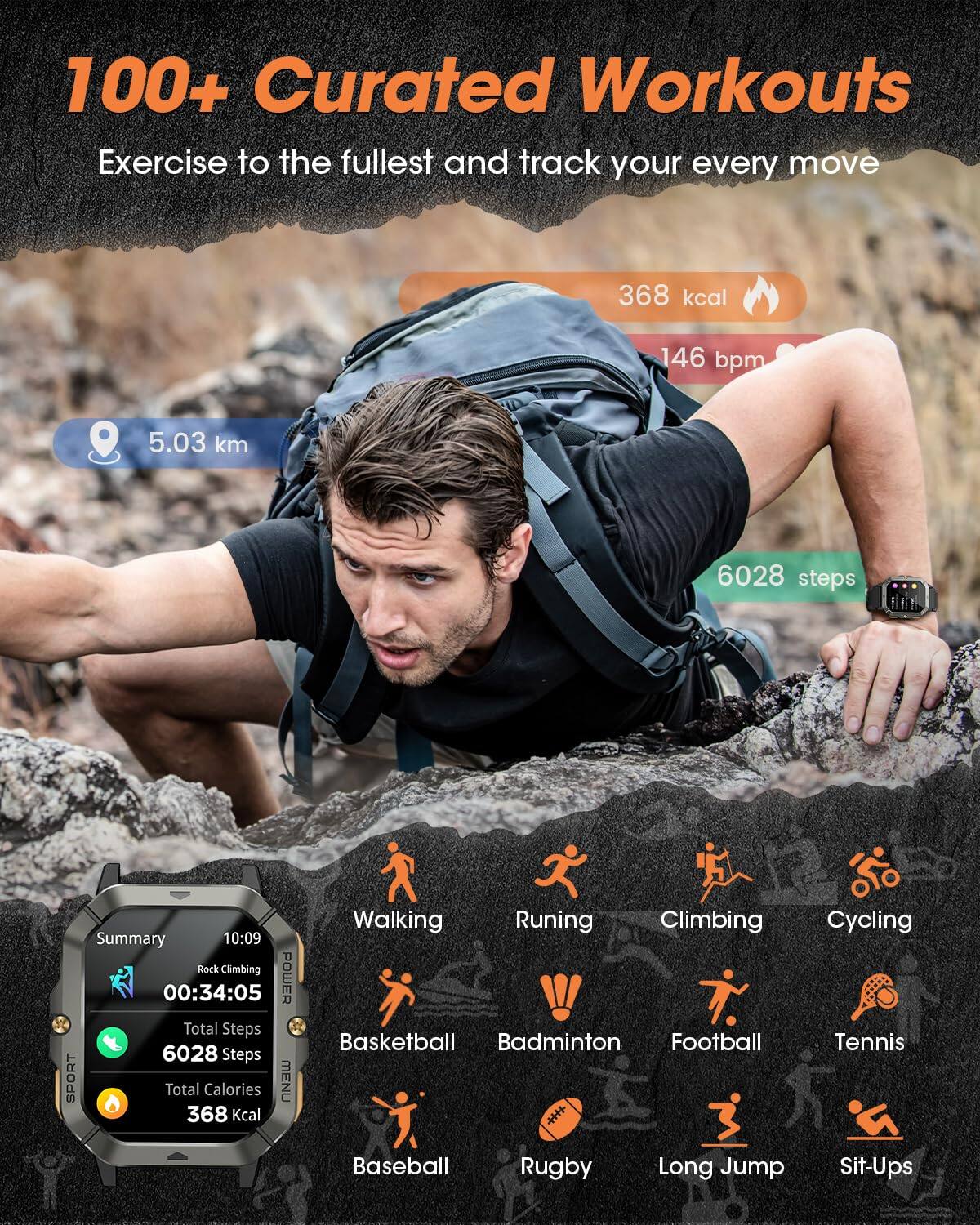 100+ Curated Workouts  
Exercise to the fullest and track your every move  

368 kcal  
146 bpm  
5.03 km  
6028 steps  

Summary  
10:09  
Rock Climbing  
00:34:05  
Total Steps  
6028 Steps  
Total Calories  
368 Kcal  

Walking  
Running  
Climbing  
Cycling  
Basketball  
Badminton  
Football  
Tennis  
Baseball  
Rugby  
Long Jump  
Sit-Ups
