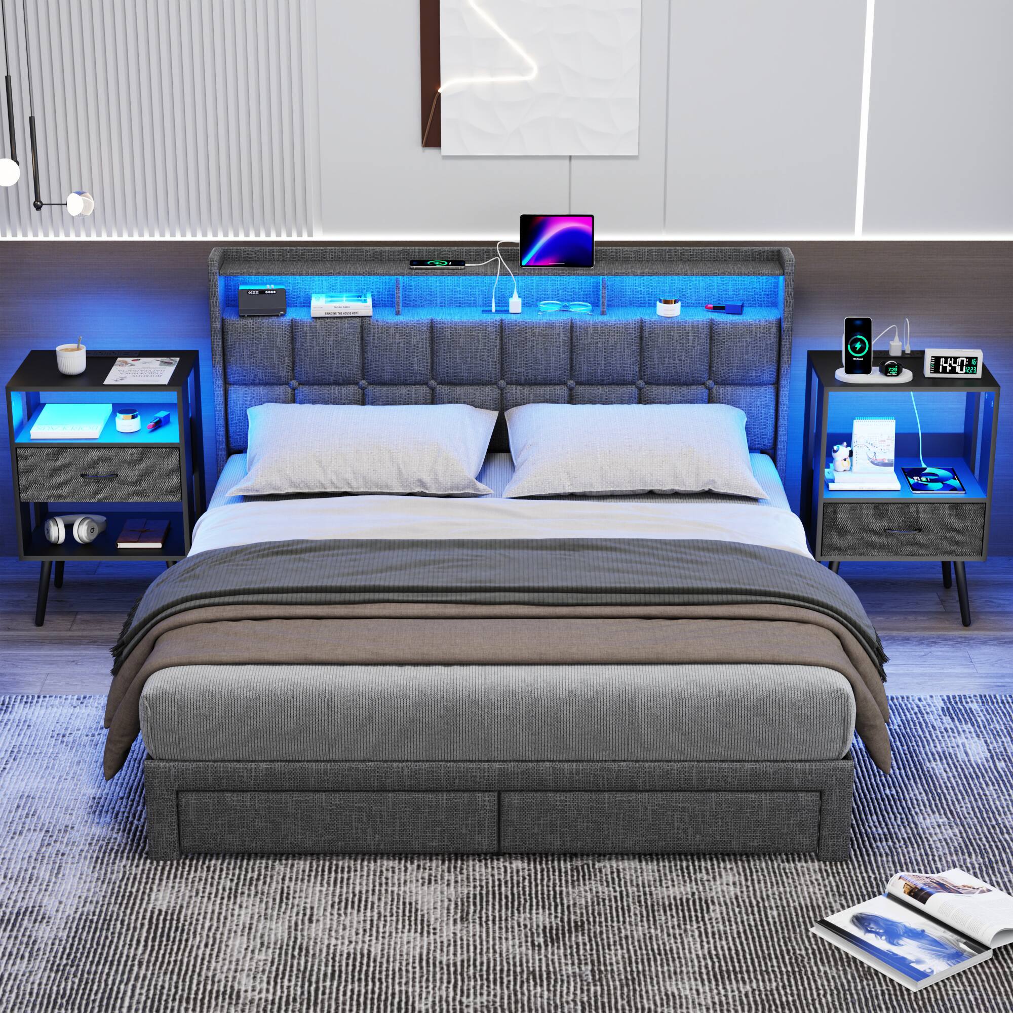 Alt View 6. Ecooso - 2-Pack Modern Nightstand with Charging Station, LED Light, Fabric Drawers - Black.