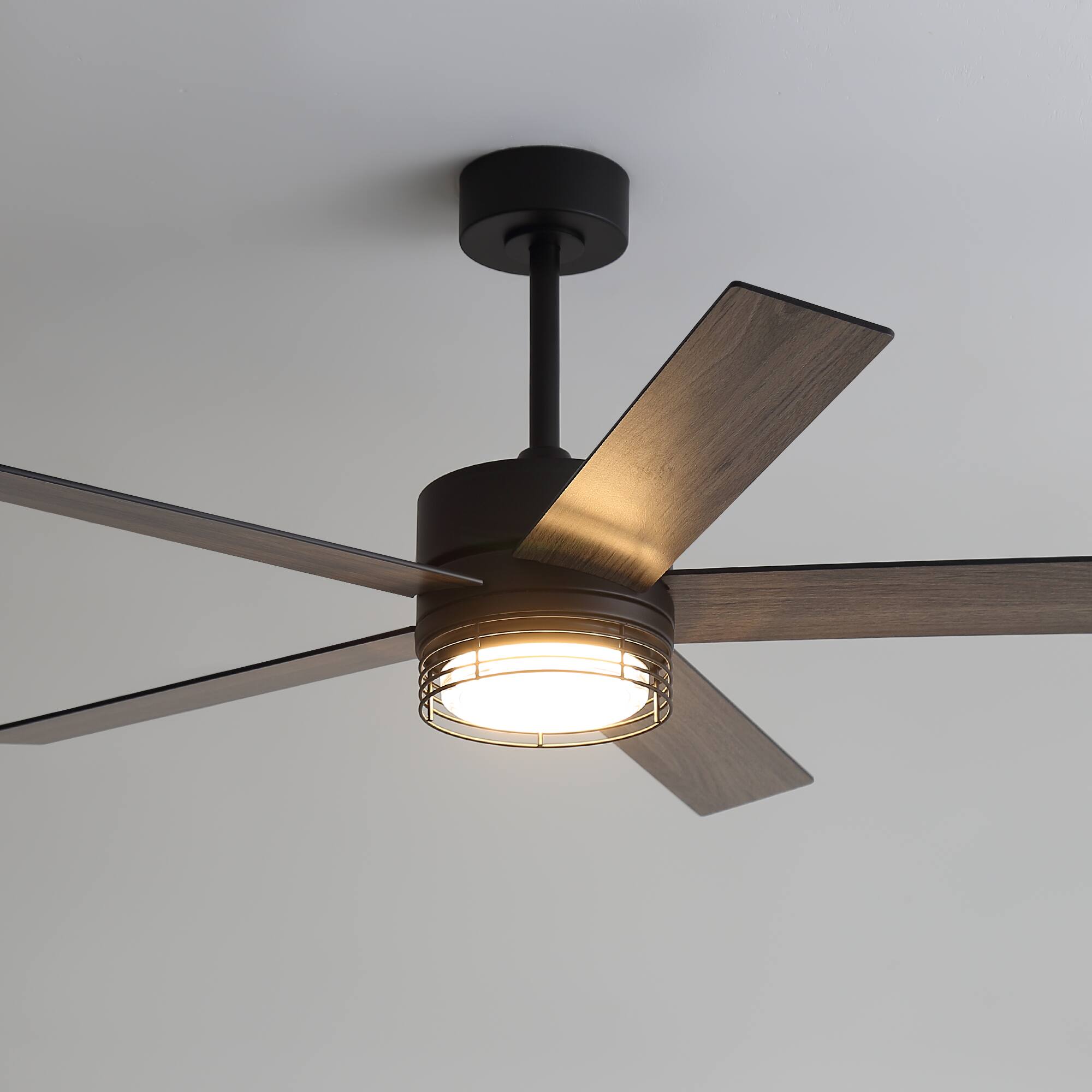 Alt View 6. Breezary - 52-Inch LED Ceiling Fan with 5 Reversible Blades, Dimmable 3-Color Light, Quiet DC Motor & Remote, 6&10" Downrods - Black and wood grain finish.