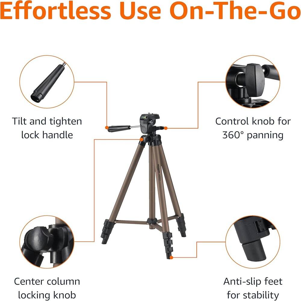 Effortless Use On-The-Go

- Tilt and tighten lock handle
- Control knob for 360° panning
- Center column locking knob
- Anti-slip feet for stability
