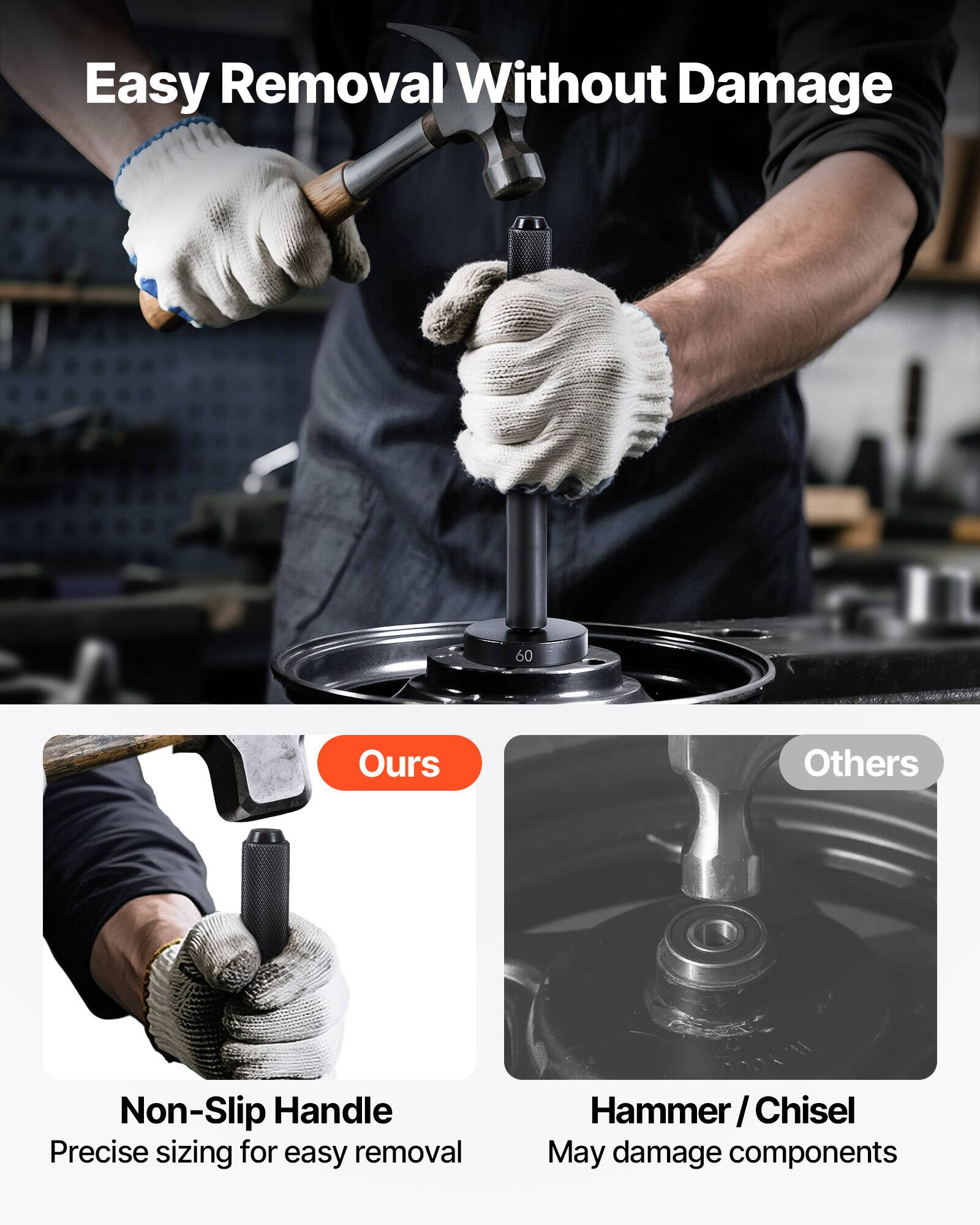 Easy Removal Without Damage

Ours
Non-Slip Handle
Precise sizing for easy removal

Others
Hammer / Chisel
May damage components