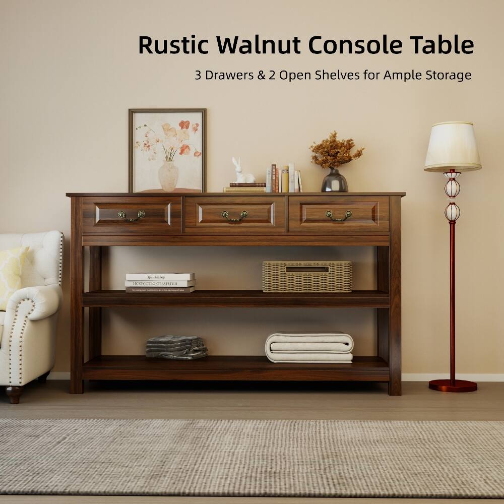Rustic Walnut Console Table  
3 Drawers & 2 Open Shelves for Ample Storage
