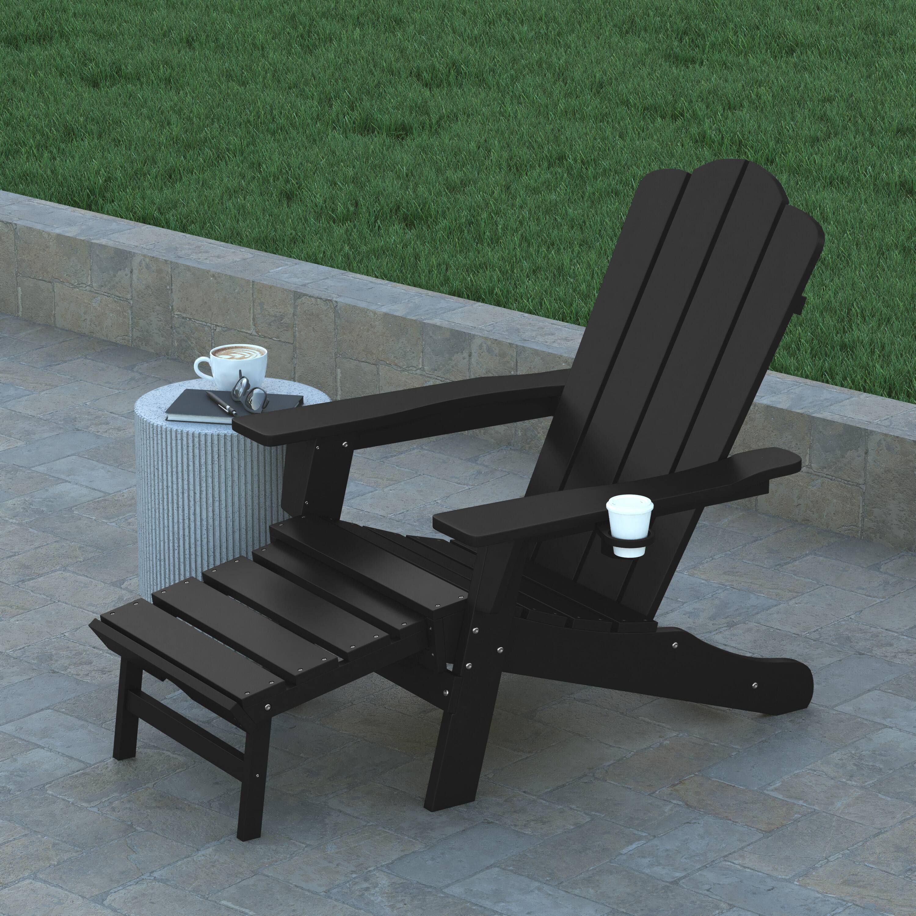 Alt View 1. Emma + Oliver - Haley Adirondack Chair with Cup Holder and Pull Out Ottoman, All-Weather HDPE Indoor/Outdoor Lounge Chair - Black.
