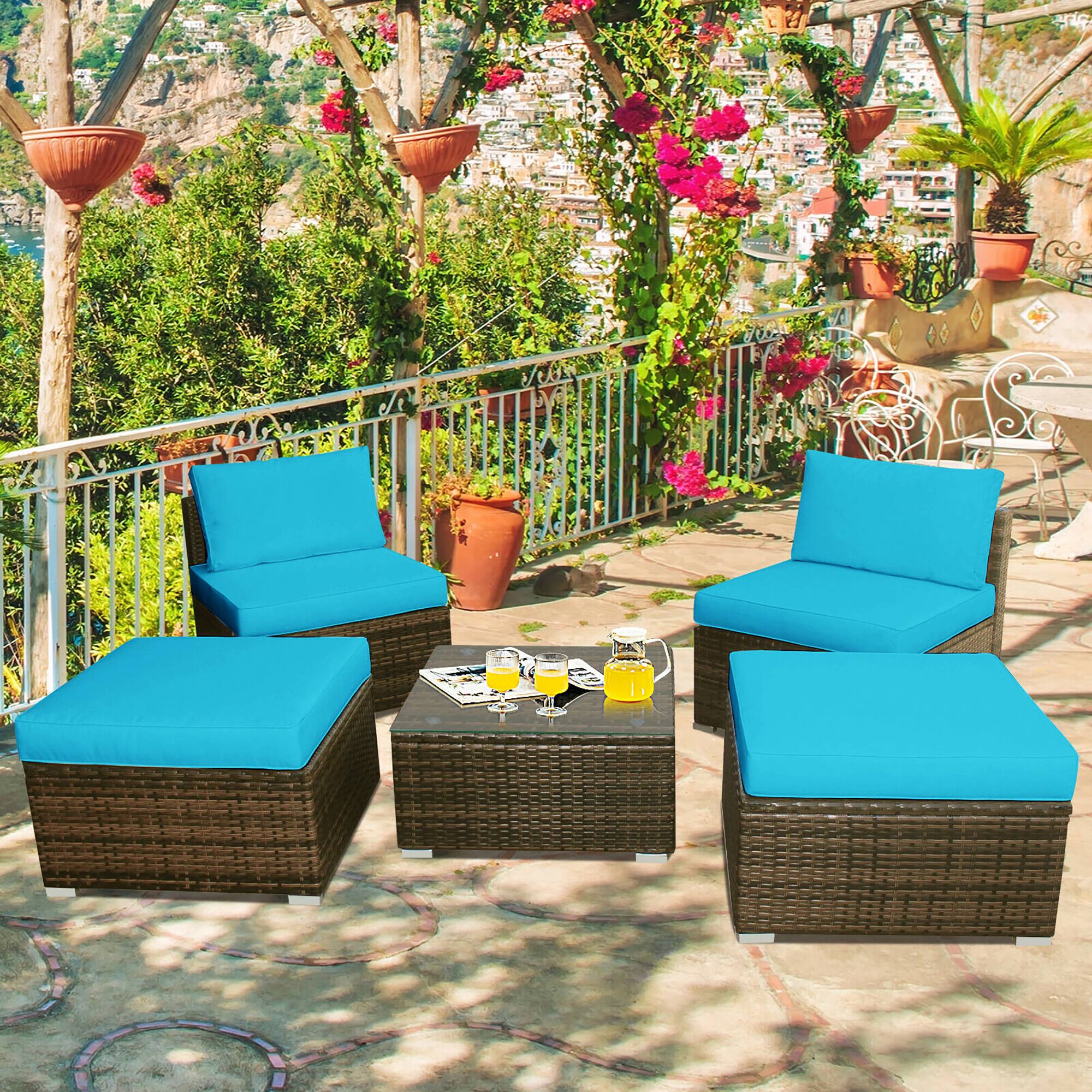 Alt View 4. Costway - 5PCS Patio Rattan Wicker Furniture Set Armless Sofa Ottoman Cushioned - Turquoise.