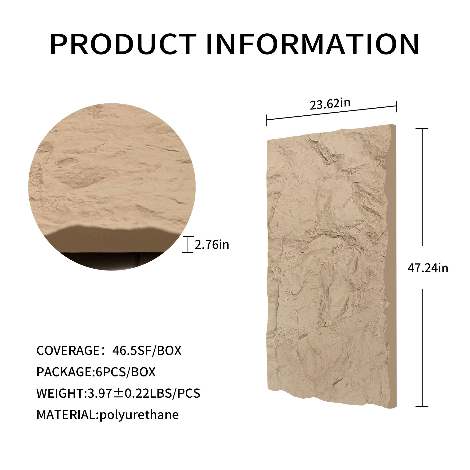 PRODUCT INFORMATION

23.62in  
2.76in  
47.24in  

COVERAGE: 46.5SF/BOX  
PACKAGE: 6PCS/BOX  
WEIGHT: 3.97 ± 0.22LBS/PCS  
MATERIAL: polyurethane