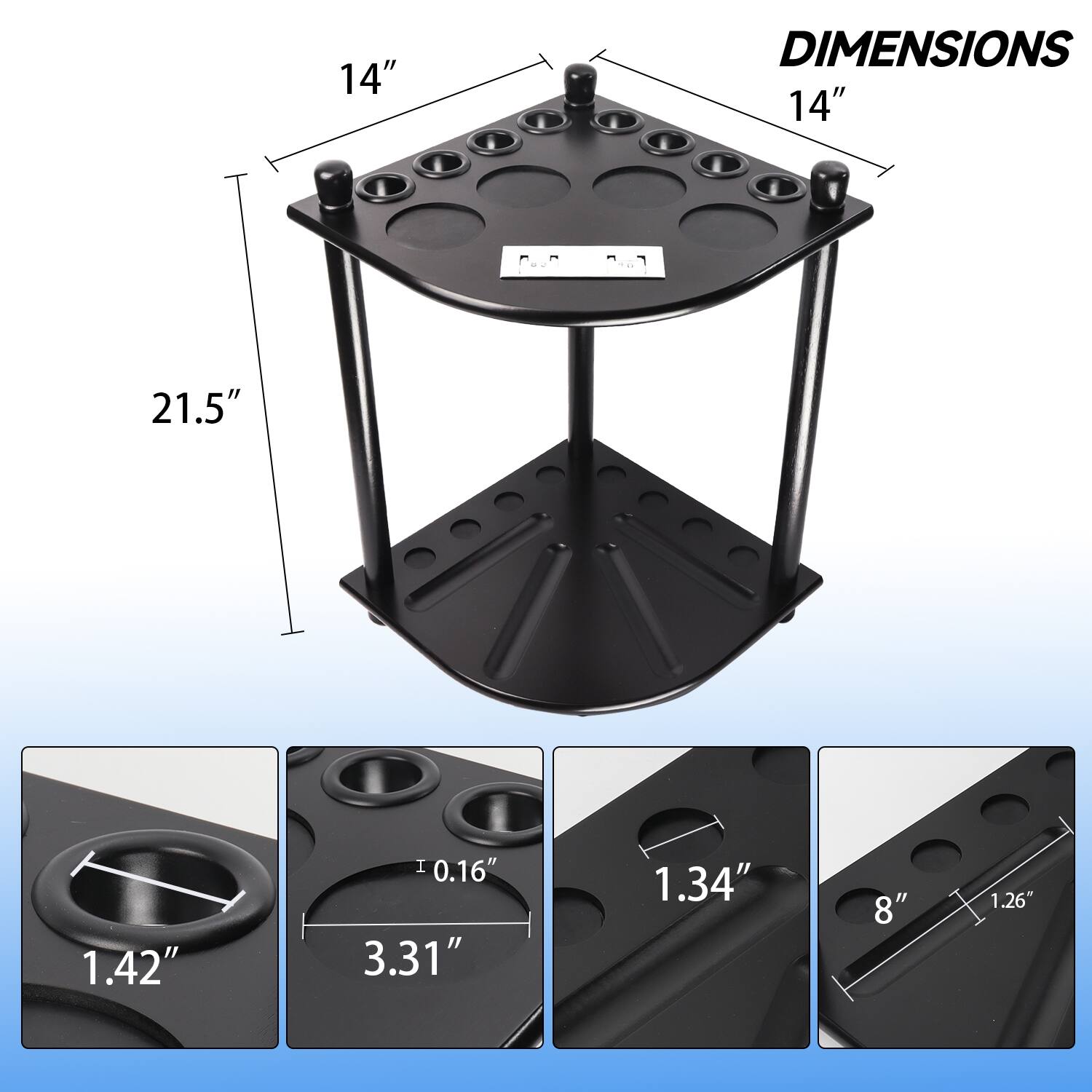 DIMENSIONS, 14", 14", 21.5", 1.42", 0.16", 3.31", 1.34", 8", 1.26"