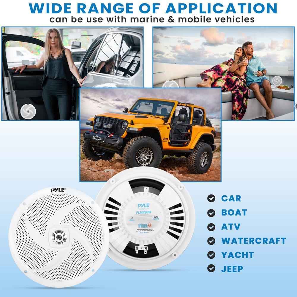 WIDE RANGE OF APPLICATION  
can be use with marine & mobile vehicles  

CAR  
BOAT  
ATV  
WATERCRAFT  
YACHT  
JEEP  

PYLE  
PLMRS8W  
HYDRA