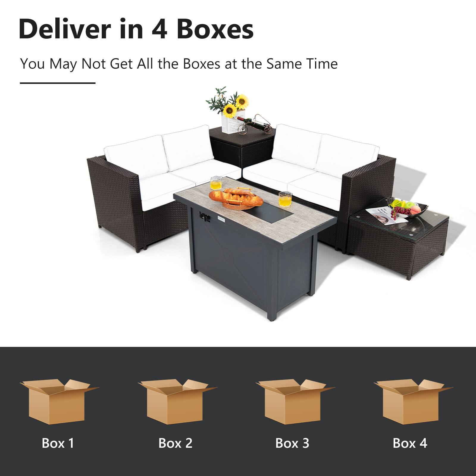 Deliver in 4 Boxes  
You May Not Get All the Boxes at the Same Time  

Box 1  
Box 2  
Box 3  
Box 4