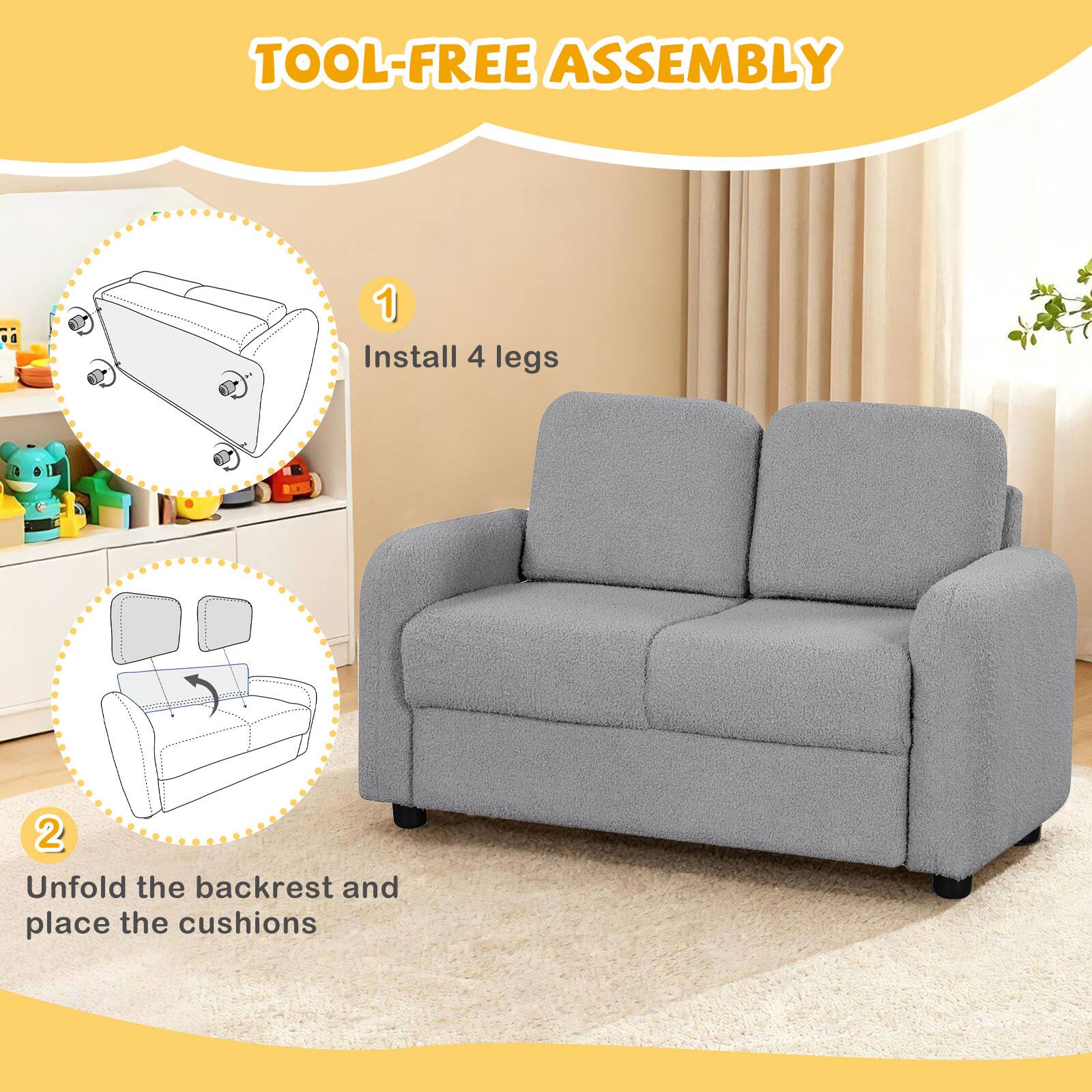 TOOL-FREE ASSEMBLY

1. Install 4 legs

2. Unfold the backrest and place the cushions