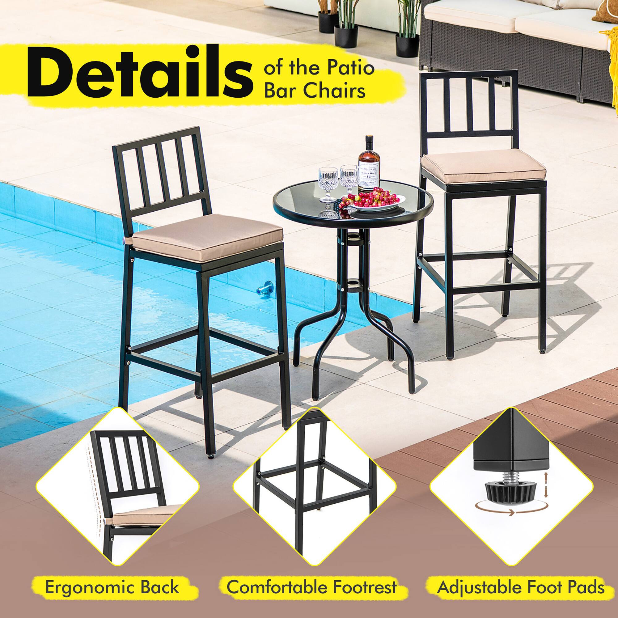 Details of the Patio Bar Chairs: Ergonomic Back, Comfortable Footrest, Adjustable Foot Pads