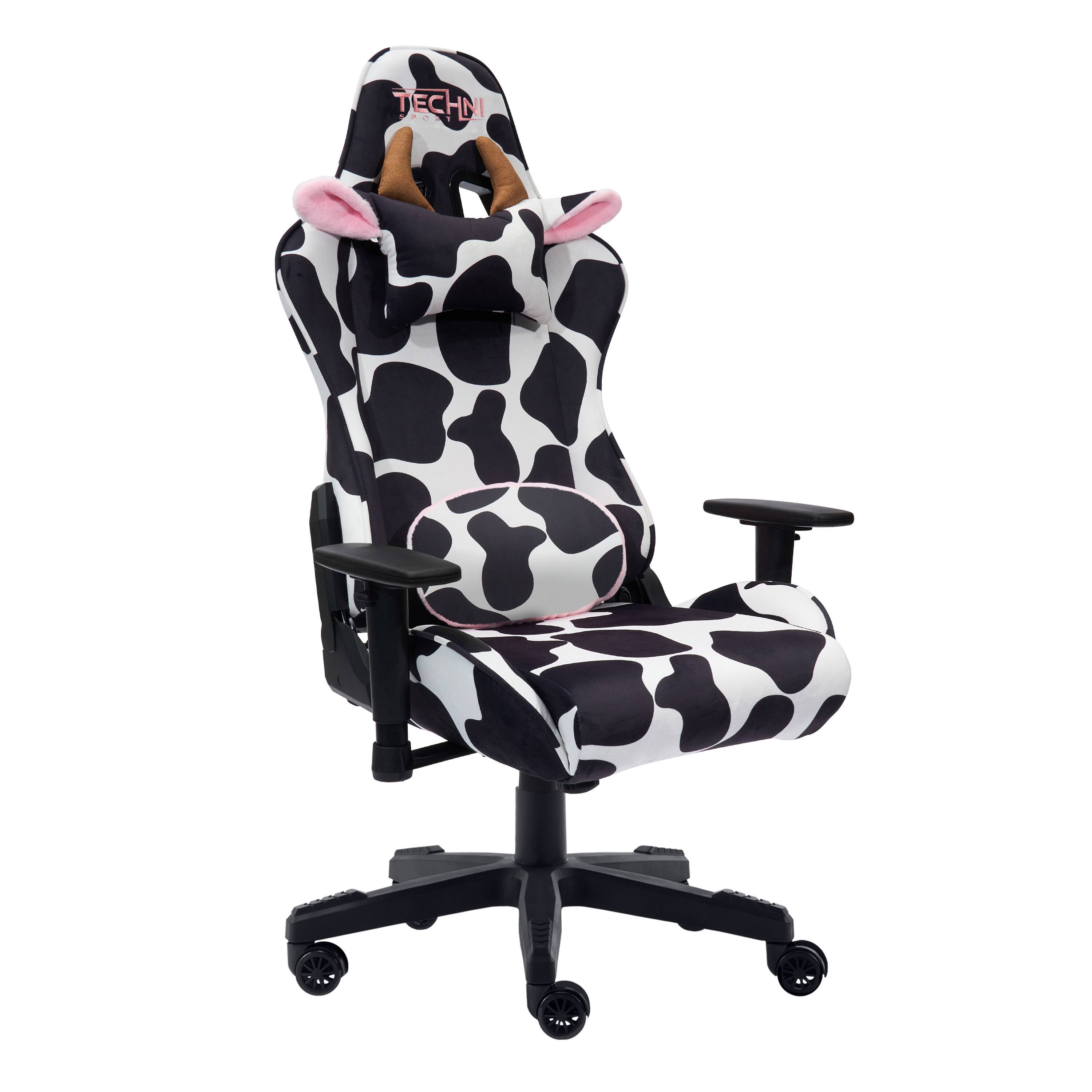 Spaco - Cow Print Gaming Chair with Memory Foam Seat, Adjustable Armrests, Reclining, 300lb Capacity - Black Cow Print