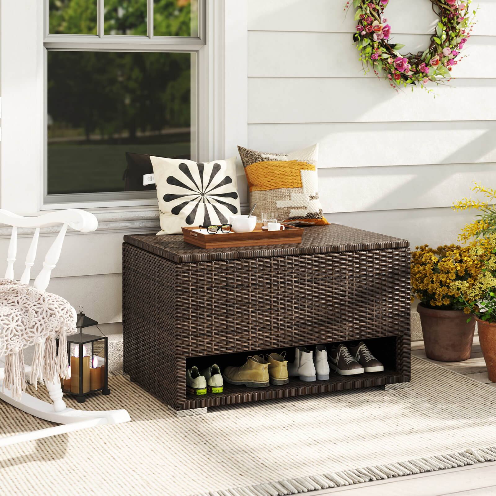 Alt View 1. Costway - Costway 48 Gallon Deck Box with Shoe Rack Waterproof Liner Lid Outdoor Storage Box - Brown.