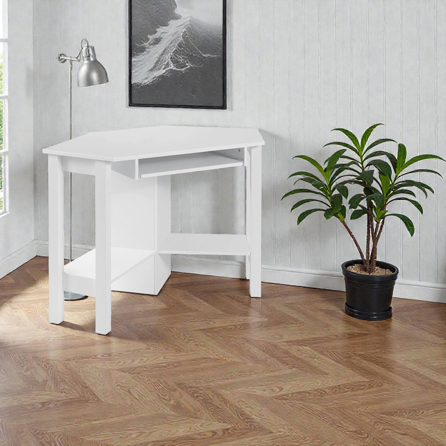 Front. Hivvago - Wooden Home Office Corner Desk with Pull-Out Keyboard Shelf - White.