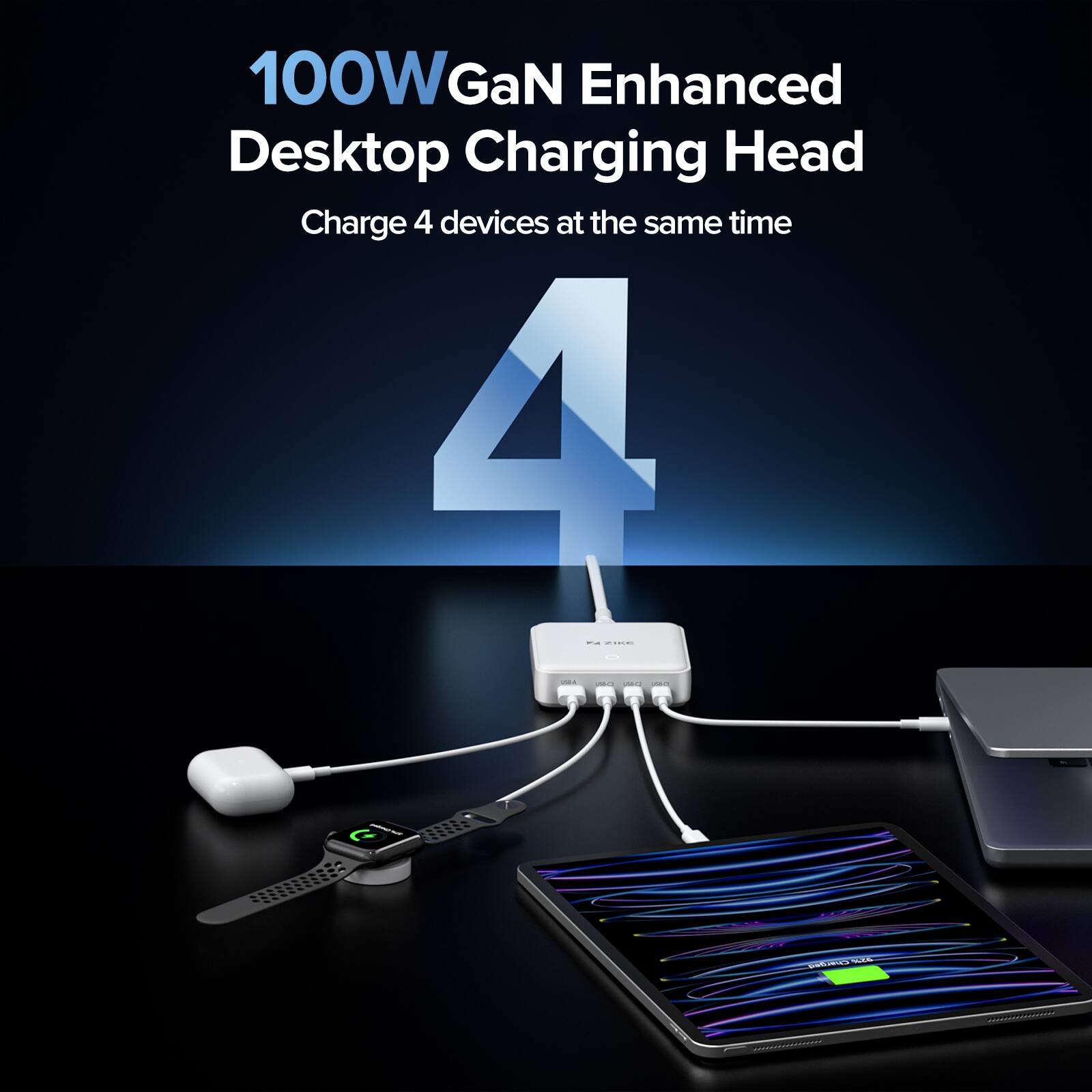 100W GaN Enhanced Desktop Charging Head  
Charge 4 devices at the same time